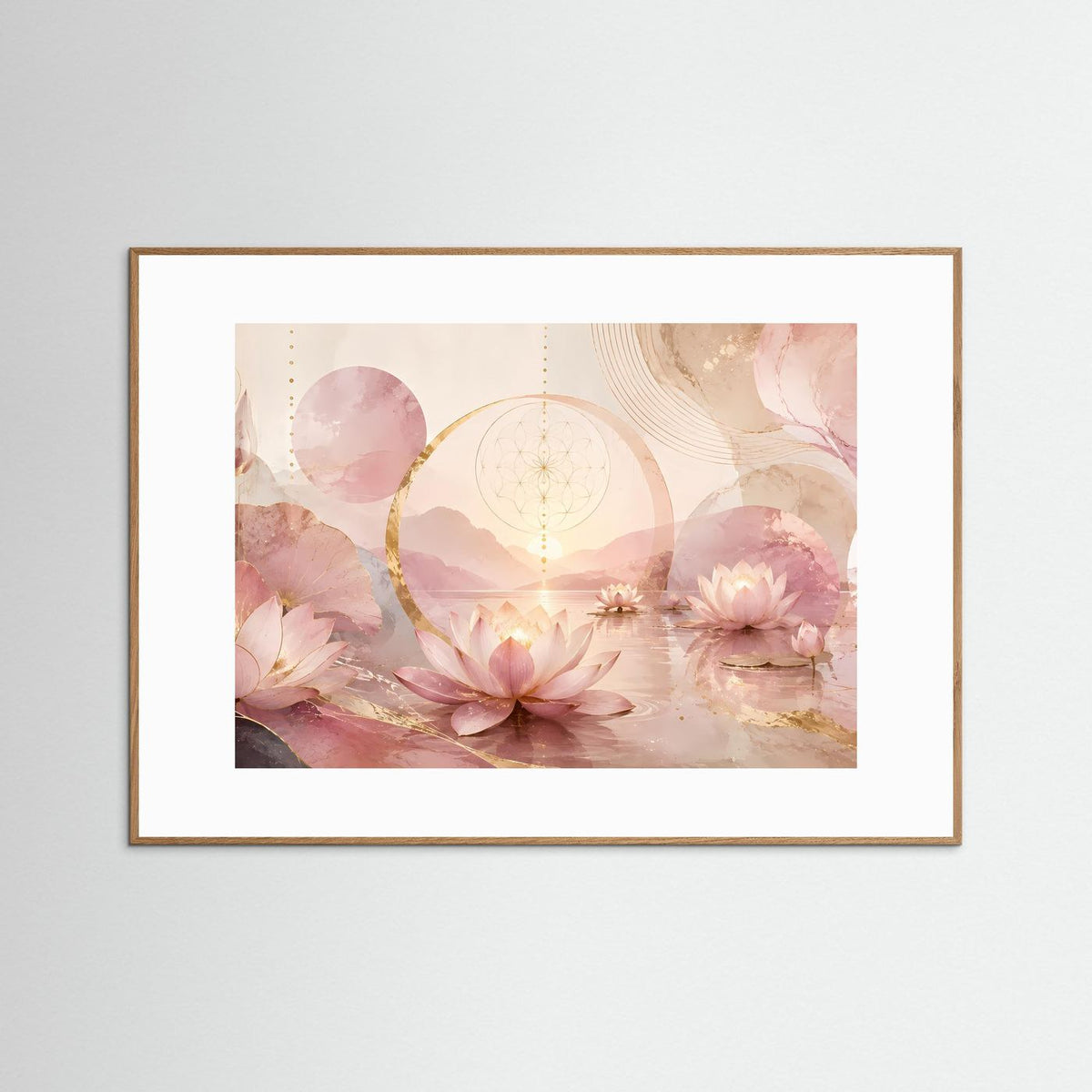 Gerahmtes Querformat-Poster mit rosa Lotusblüten, goldem Ringmotiv und geometrischer Gestaltung