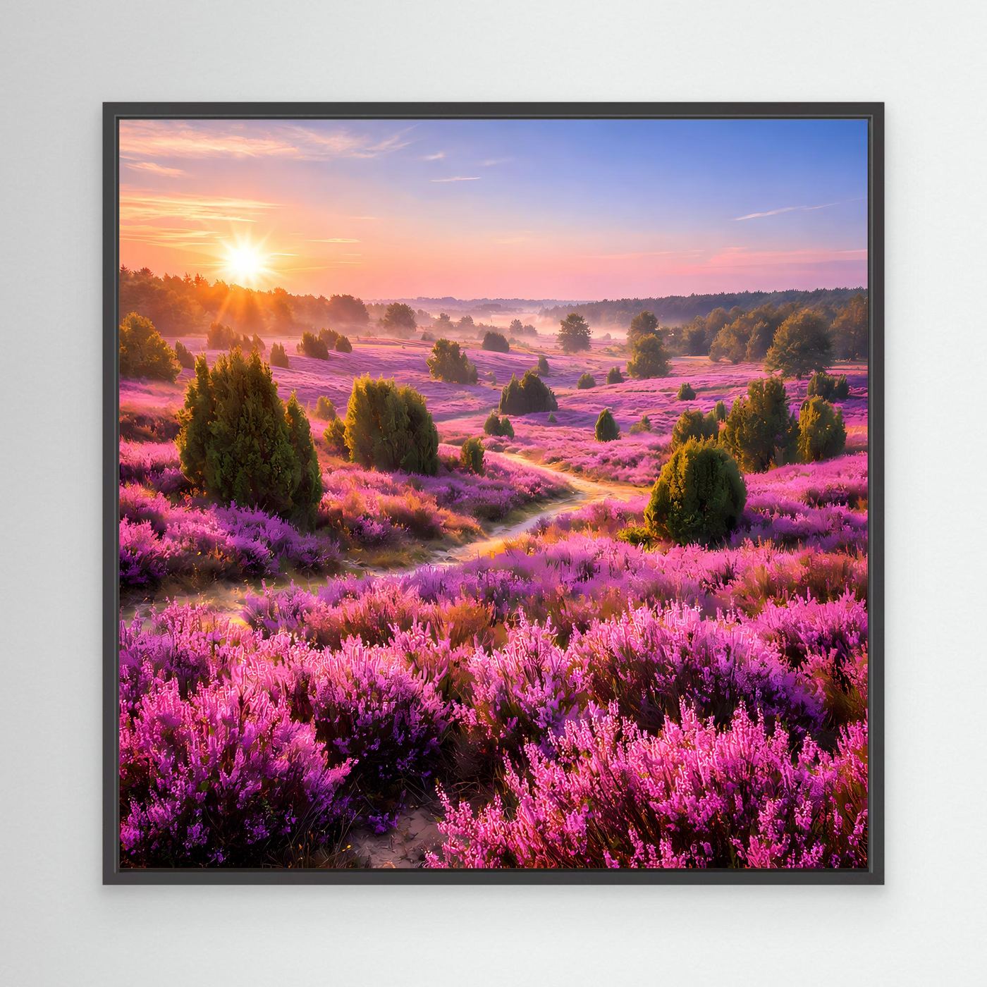 Leinwandbild blühendes Heidekrautfeld mit Sonnenaufgang, schwarzer Rahmen