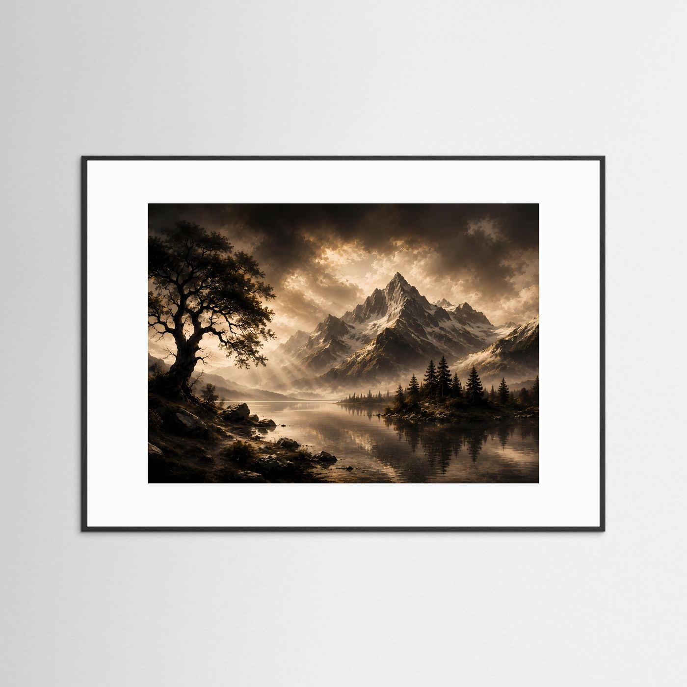 Querformat-Poster im schwarzen Rahmen: Berglandschaft am See, goldene Wolken, Gipfel und Tannen