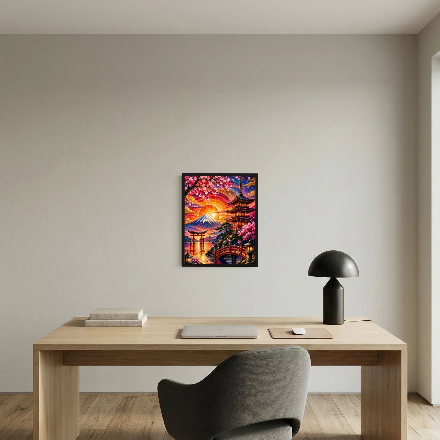 Hochformatposter mit schwarzem Rahmen über hellem Schreibtisch: Fuji und Pagode im Mosaik