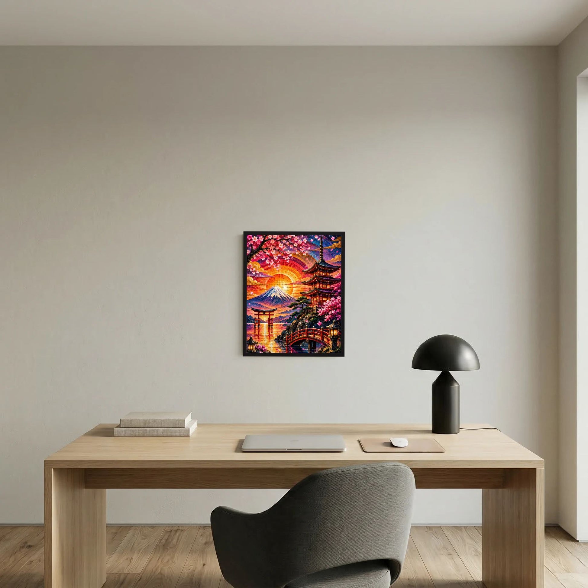 Hochformatposter mit schwarzem Rahmen über hellem Schreibtisch: Fuji und Pagode im Mosaik
