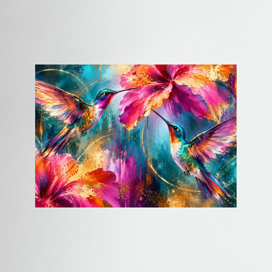 Blumen-Poster mit Kolibris, Pink-Türkisblüten und Goldakzenten
