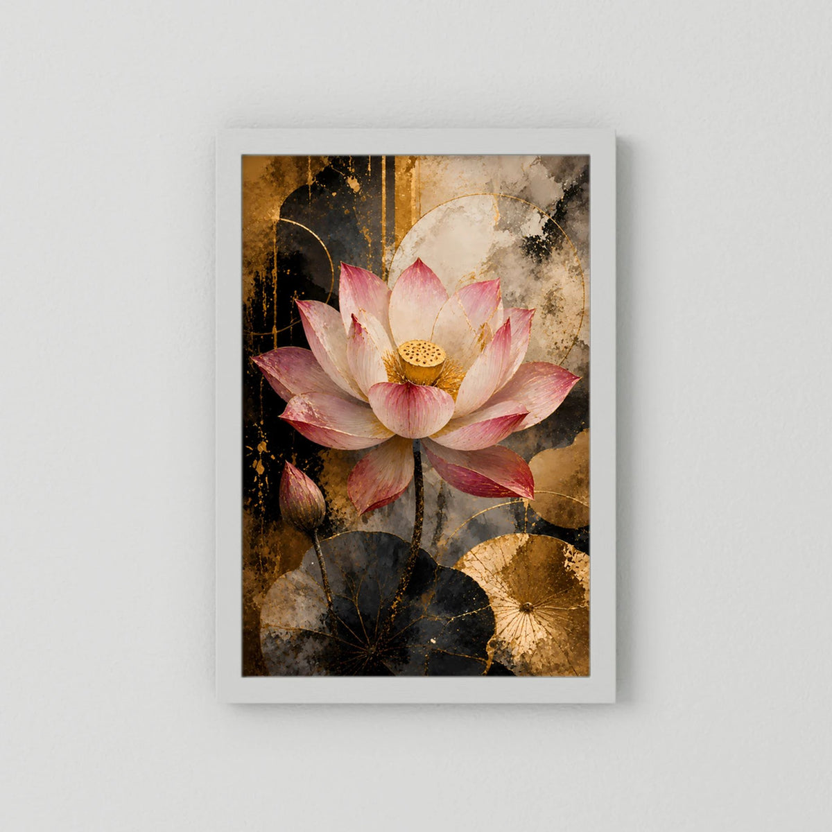 Rosa Lotusblüte in Gold & Schwarz | Elegante florale Kunst | Poster Hochformat