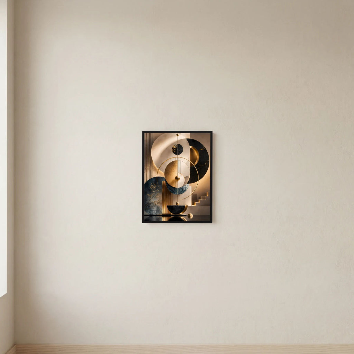 Gerahmtes Hochformat-Poster mit abstraktem Kreisdesign in Goldtönen, Schwarz, Beige und Petrol
