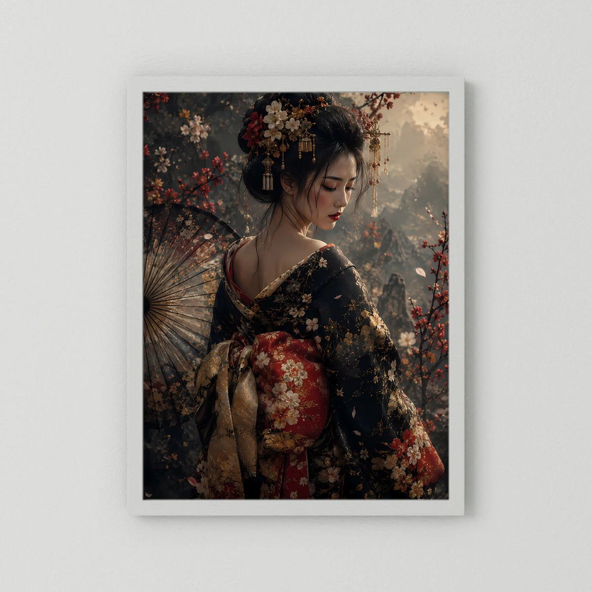 Hochformat-Poster mit Geisha im floralen Kimono und Fächer, weißer Rahmen