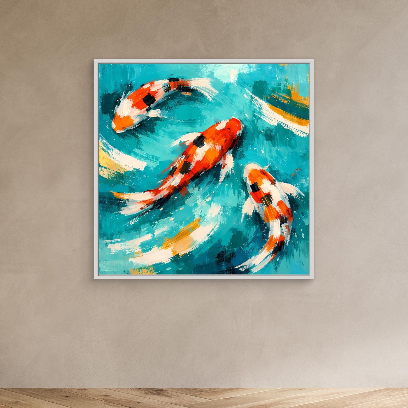 Leinwand Dynamische Koi-Karpfen im smaragdgrünen Wasser | Fernöstliches Wandbild auf Keilrahmen