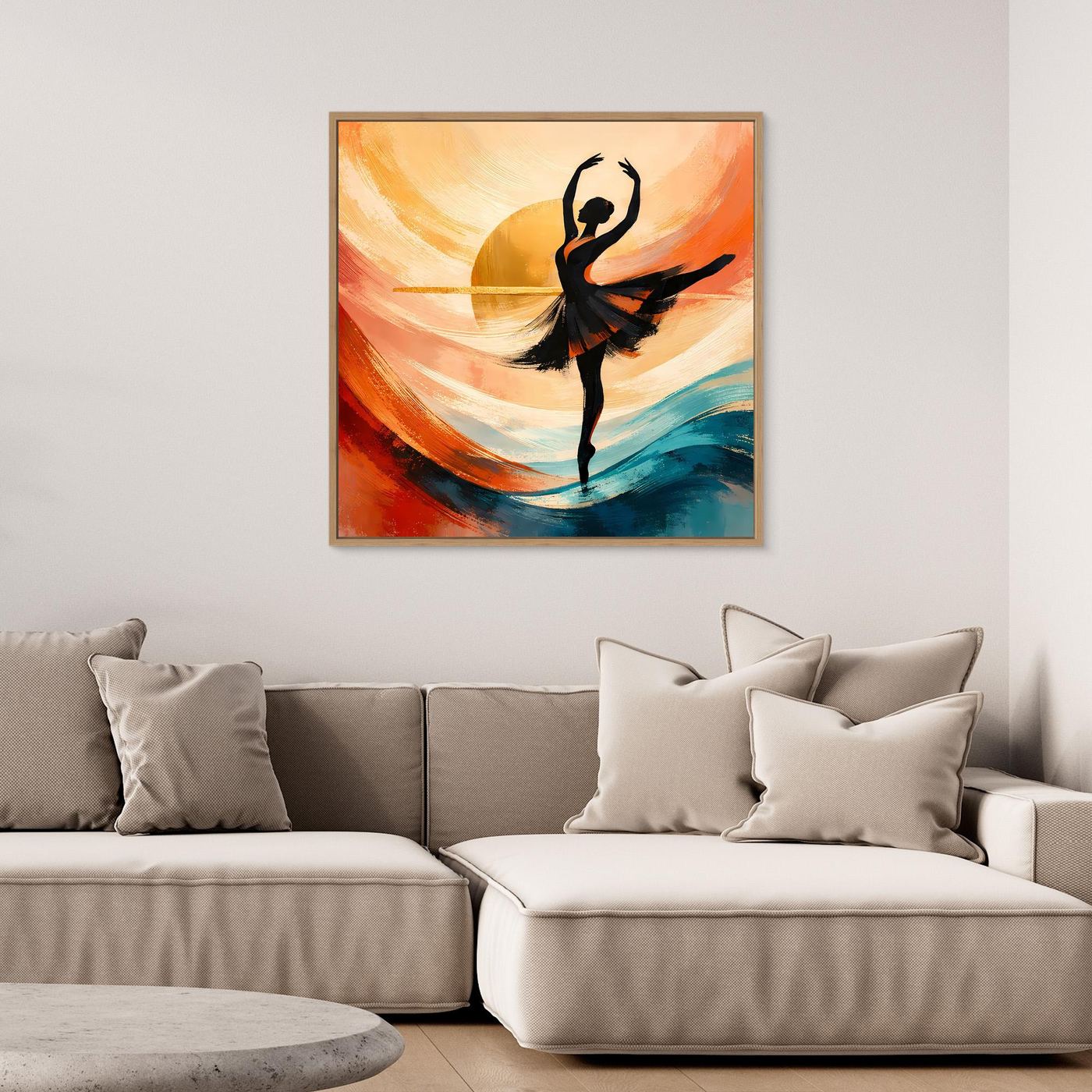Wandbild mit schwarzer Ballerina-Silhouette, abstrakte Pinselstriche in Orange, Blau und Gelb