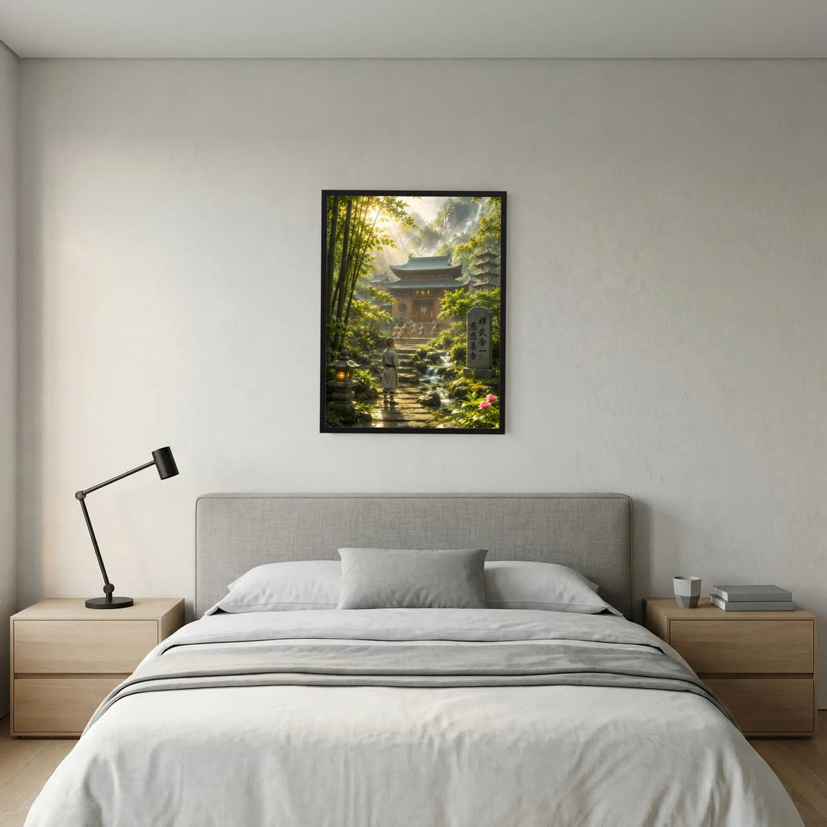 Hochformat-Poster mit schwarzem Rahmen über Bett, Bambuswald und Tempel im Licht