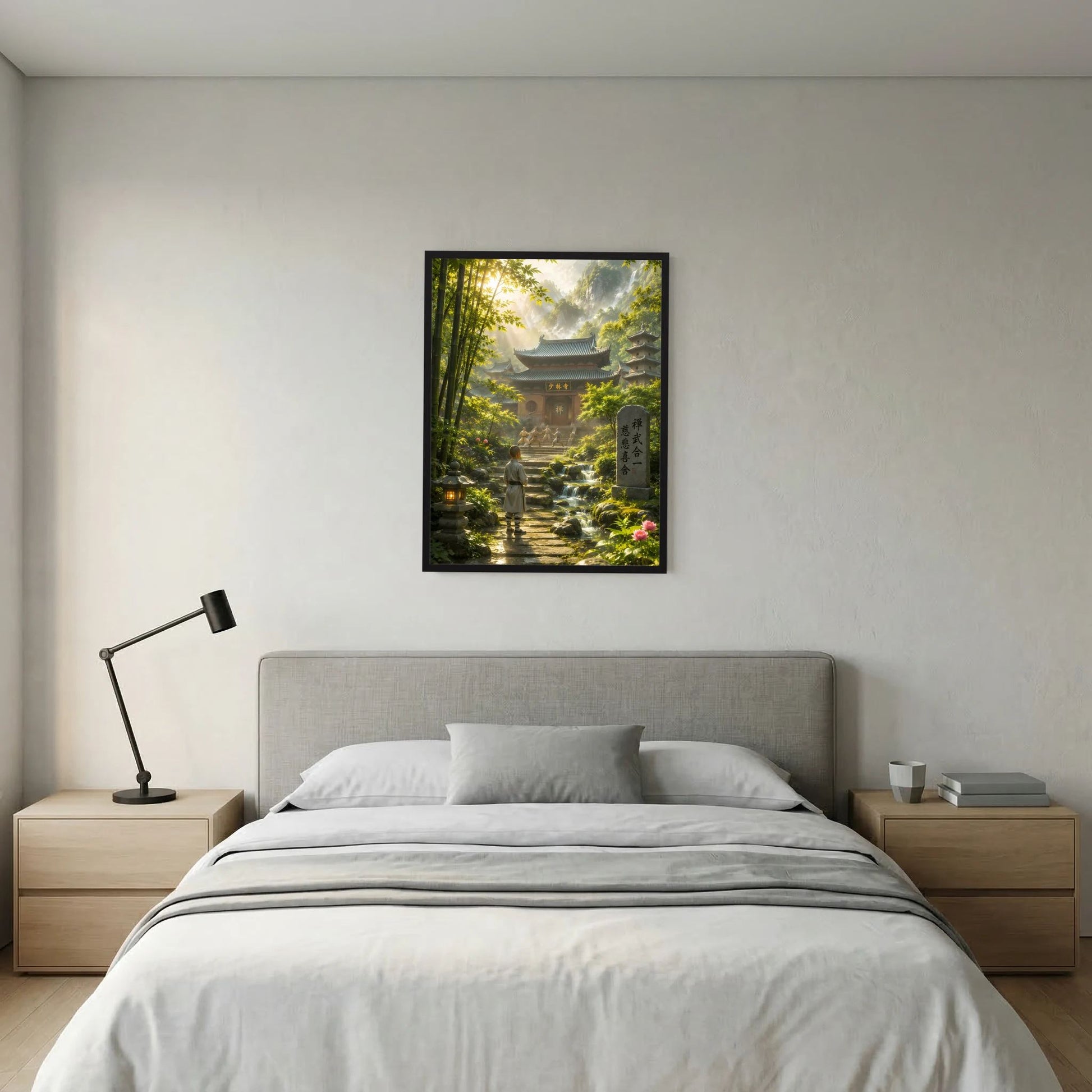Hochformat-Poster mit schwarzem Rahmen über Bett, Bambuswald und Tempel im Licht