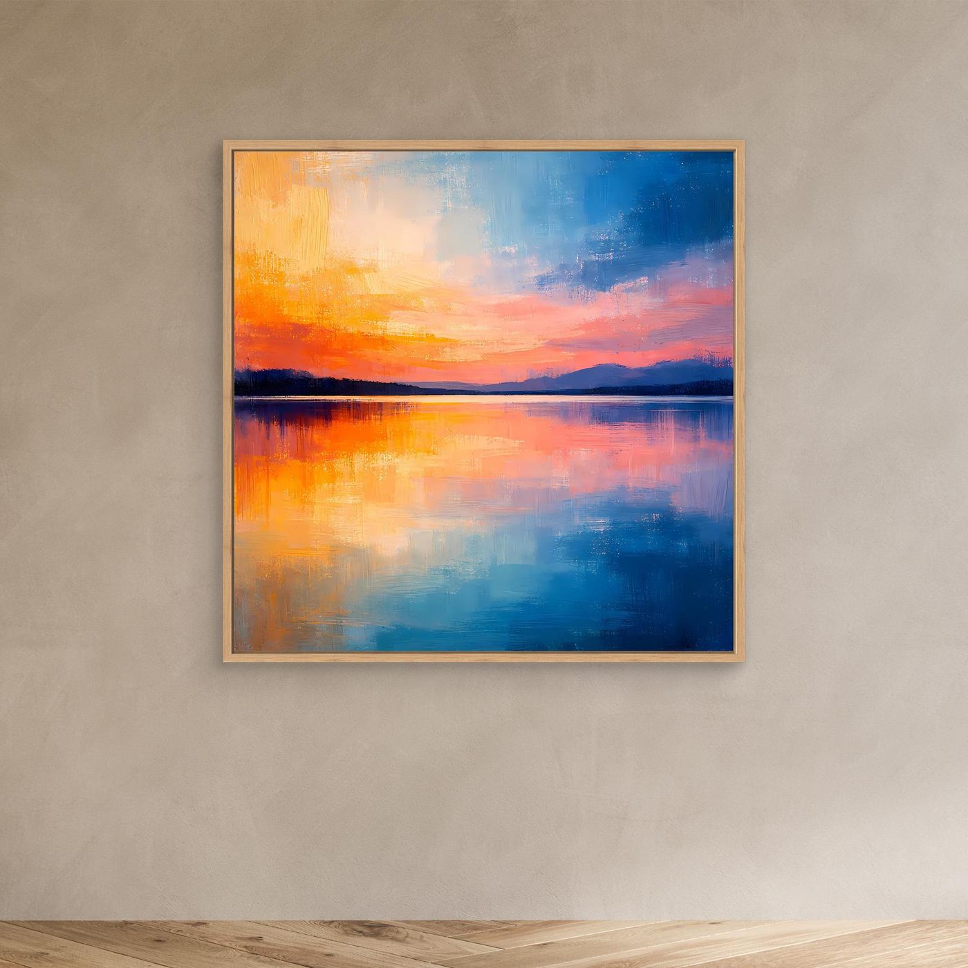 Abstraktes Wandbild auf Leinwand im Eichenrahmen mit See-Spiegelung in Blau, Orange und Rosa