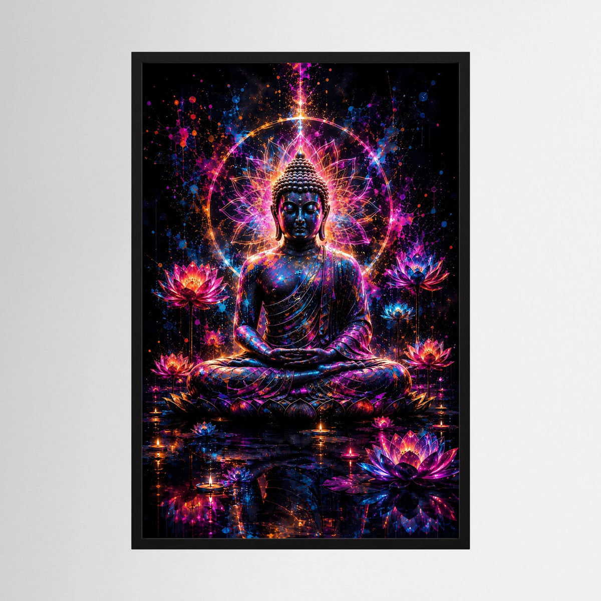 Poster im schwarzen Rahmen: sitzender Buddha, Neon-Lotus, violette und blaue Lichter