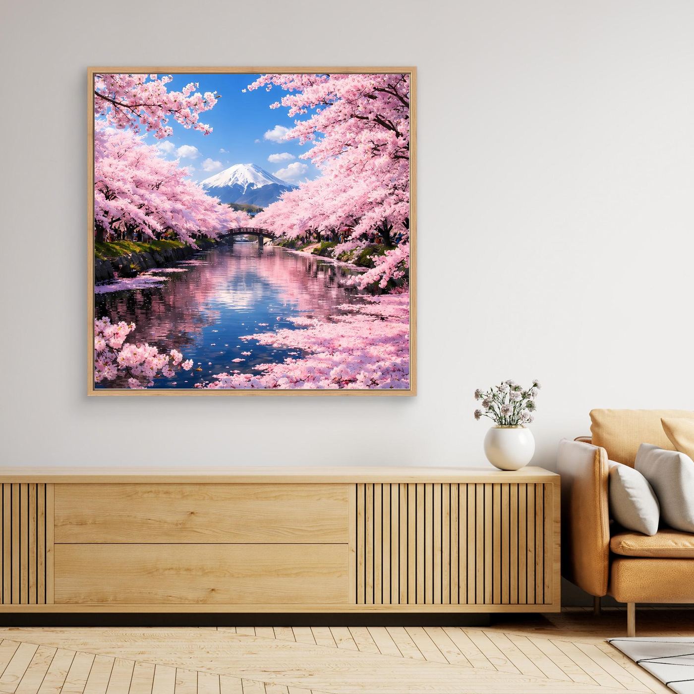 Leinwandbild mit Sakura-Blüten und Berg Fuji im braunen Holzrahmen, rosa Blautöne