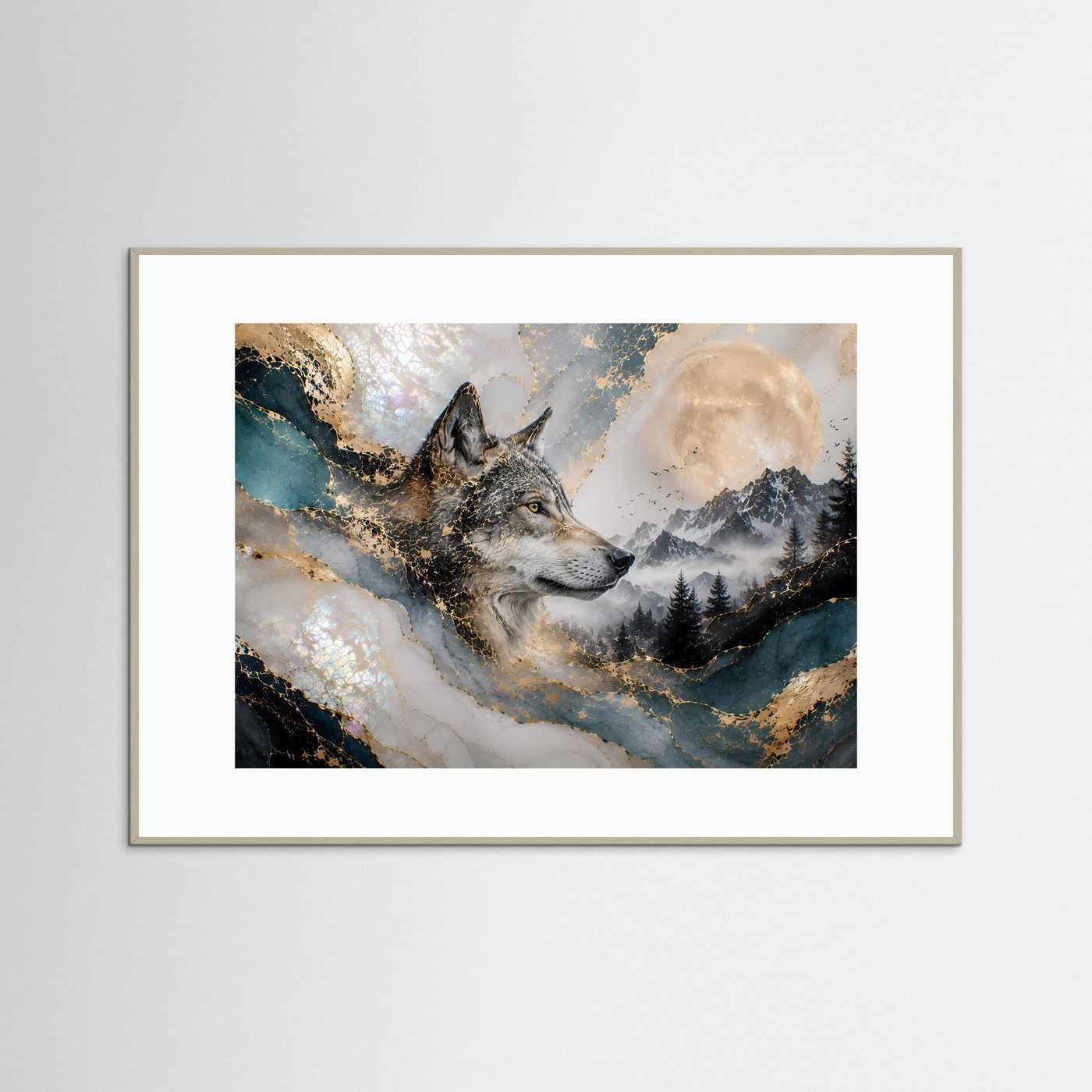 Wolfposter im Querformat mit grauem Rahmen und Berglandschaft mit Mond