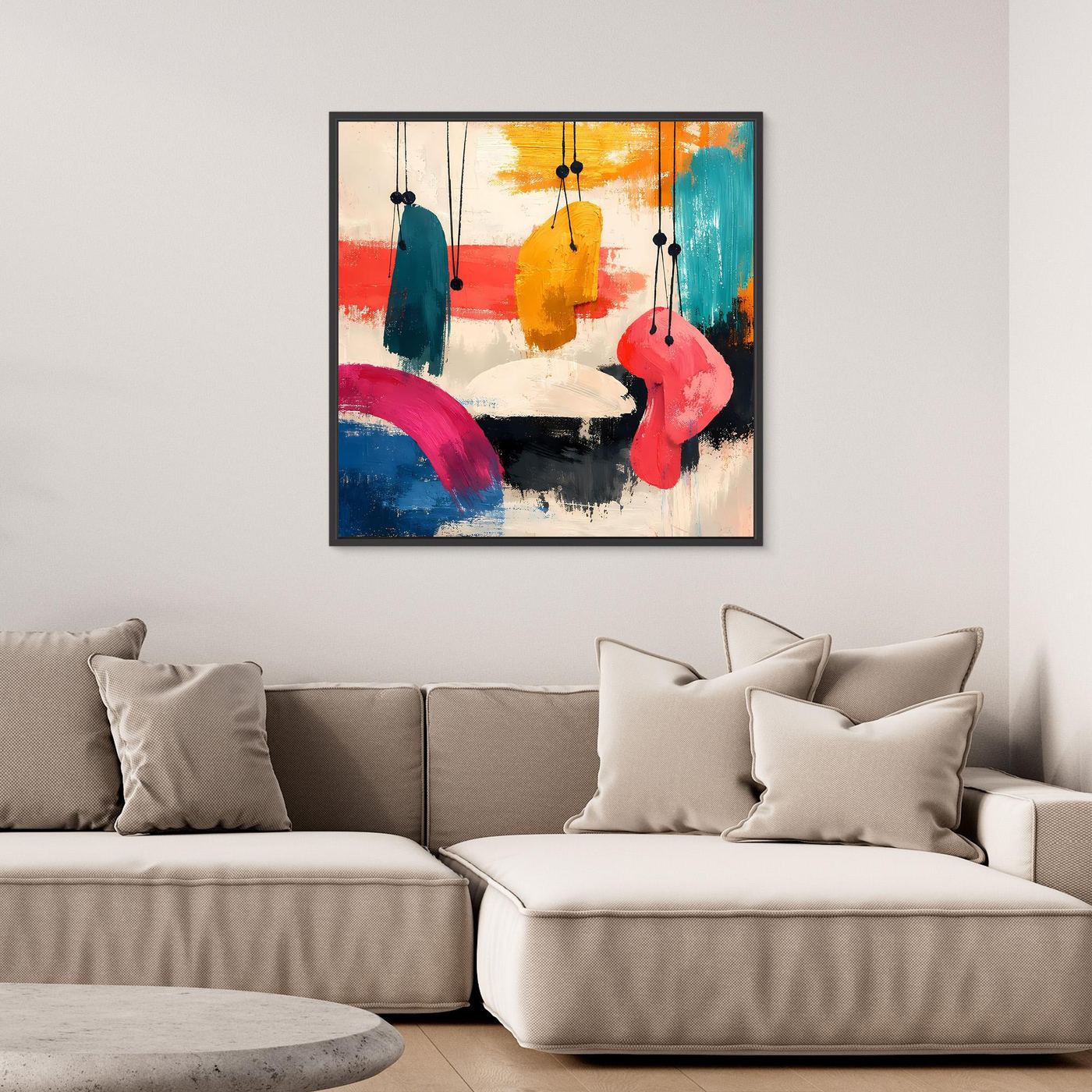 Abstract framed wall painting with colorful suspended organic shapes and painterly accents