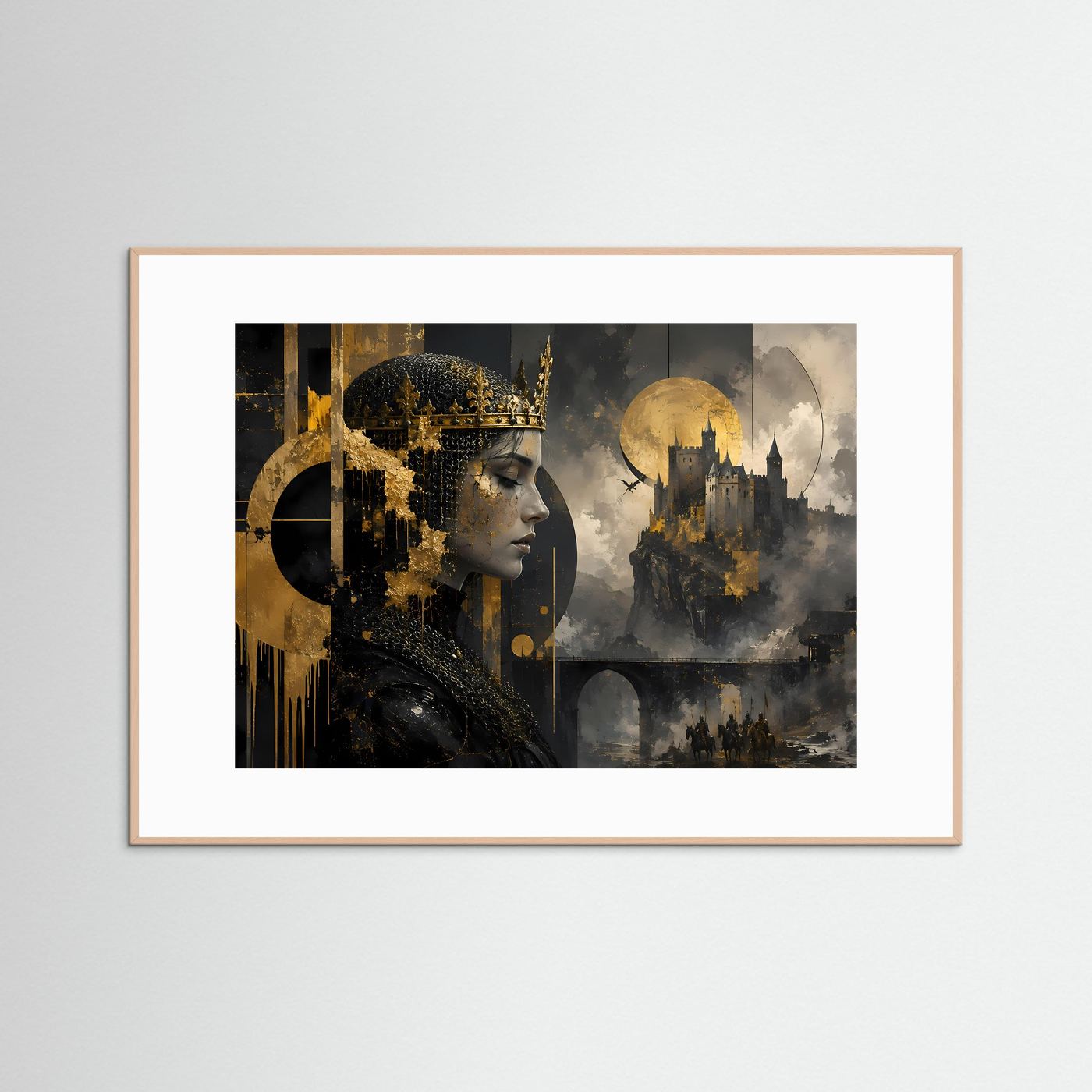 Mittelalterliche Königin vor Burg | Mystische Fantasy-Kunst in Schwarz & Gold