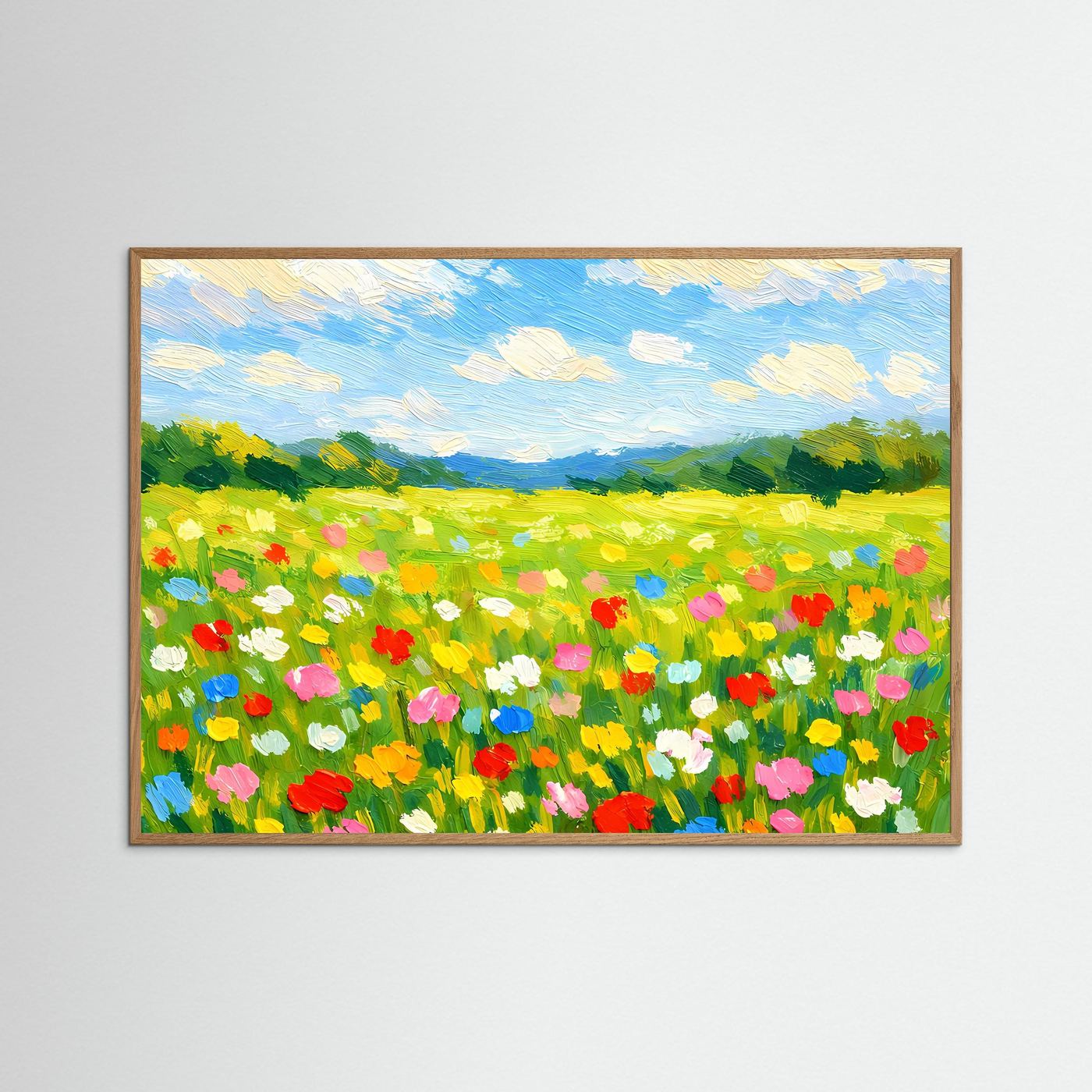 Wandbild Blumenwiese mit bunten Blüten und blauem Himmel, grauer Holzrahmen