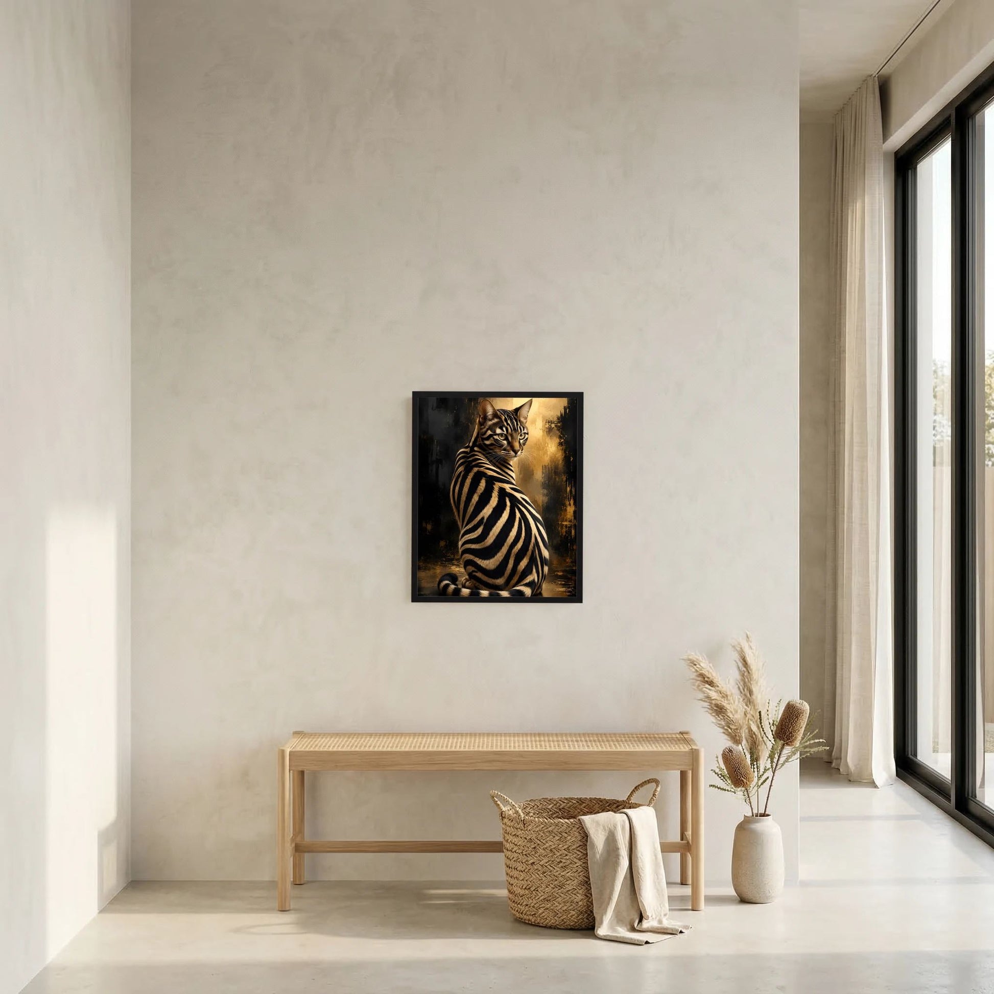 Zebra-Katze Poster in Schwarz-Gold an der Wand, kleines Format im Wohnzimmer
