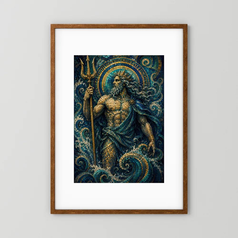 Hochformat-Poster: Meeresgott im Mosaikstil mit goldenem Dreizack, blauer Farbigkeit, Holzrahmen