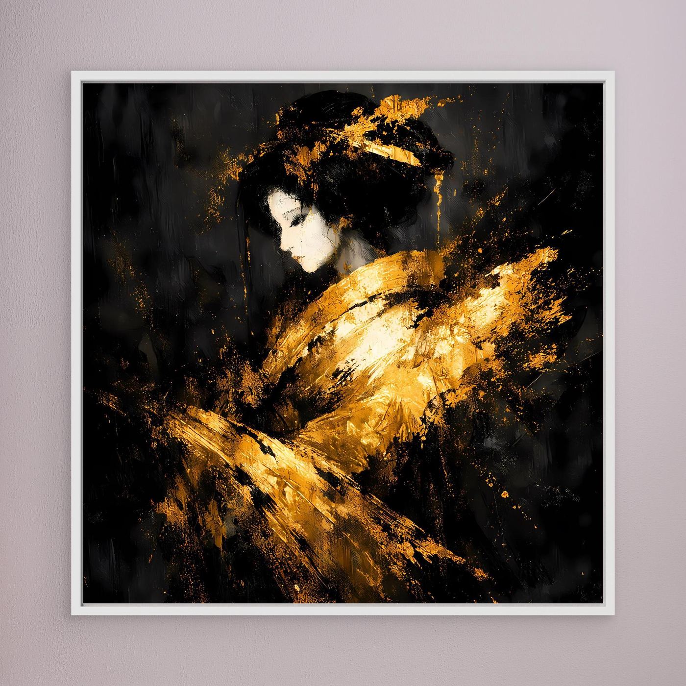 Leinwand Elegante Goldene Geisha | Abstraktes Asiatisches Wandbild