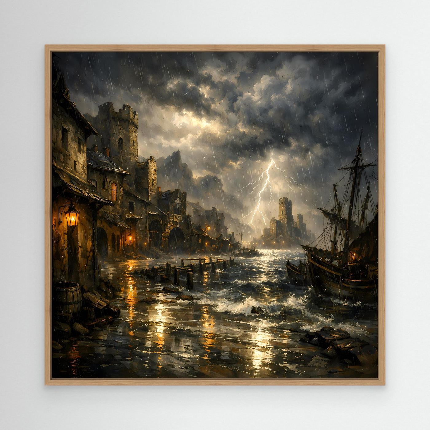 Hafen-Leinwandbild mit Gewitterblitz, nasser Wasserfläche und Segelbooten, eichenfarbener Rahmen