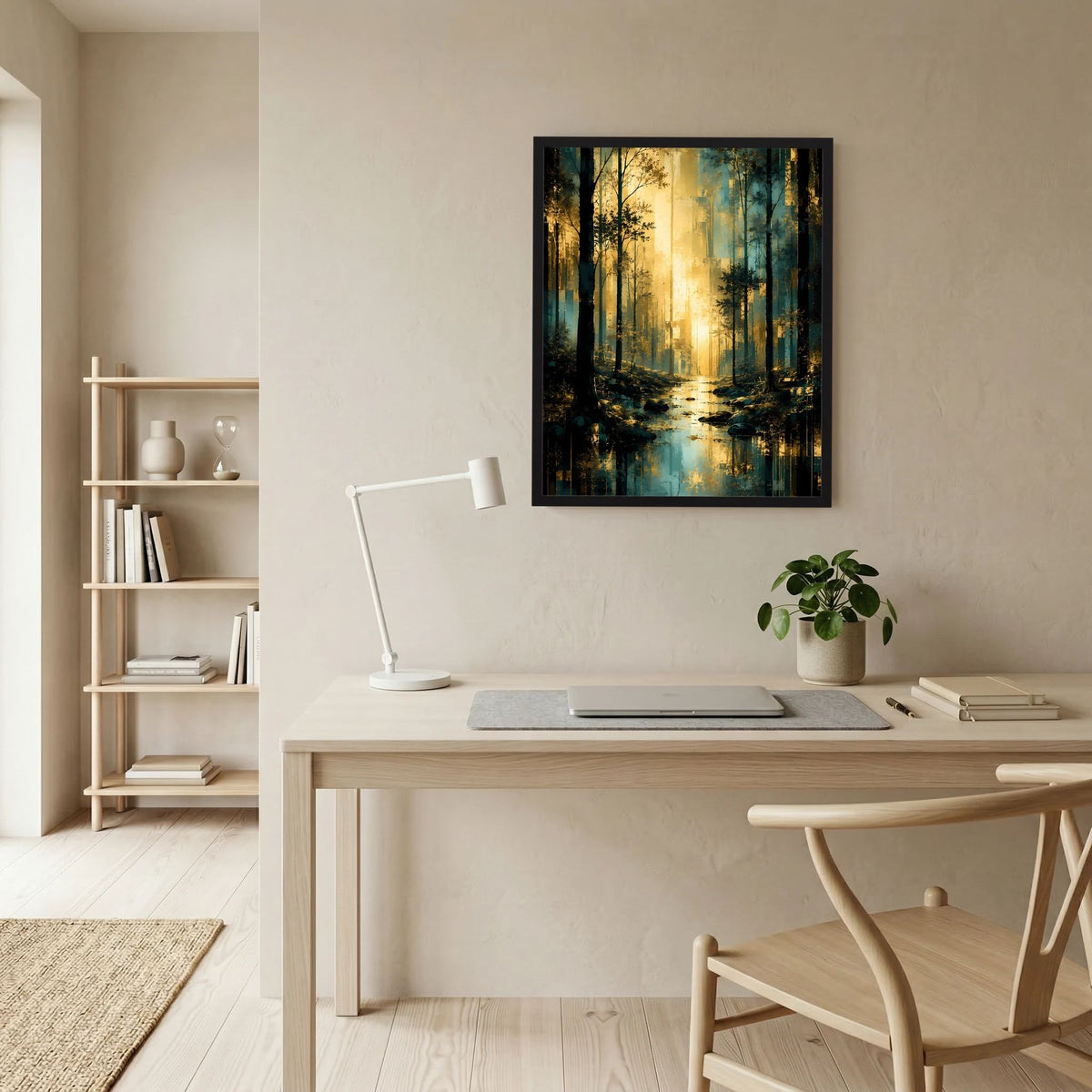 Hochformatiges Poster Waldweg mit goldenem Licht, Türkis und Gold, schwarzer Rahmen