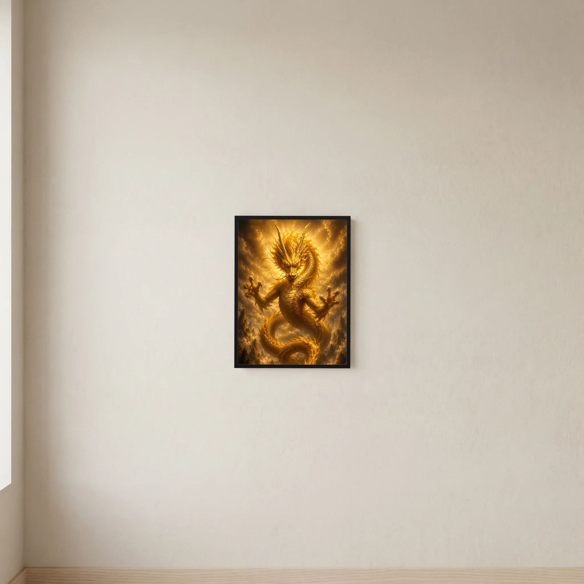 Quadratisches Poster mit goldenem Drachenmotiv, gerahmt in Schwarz