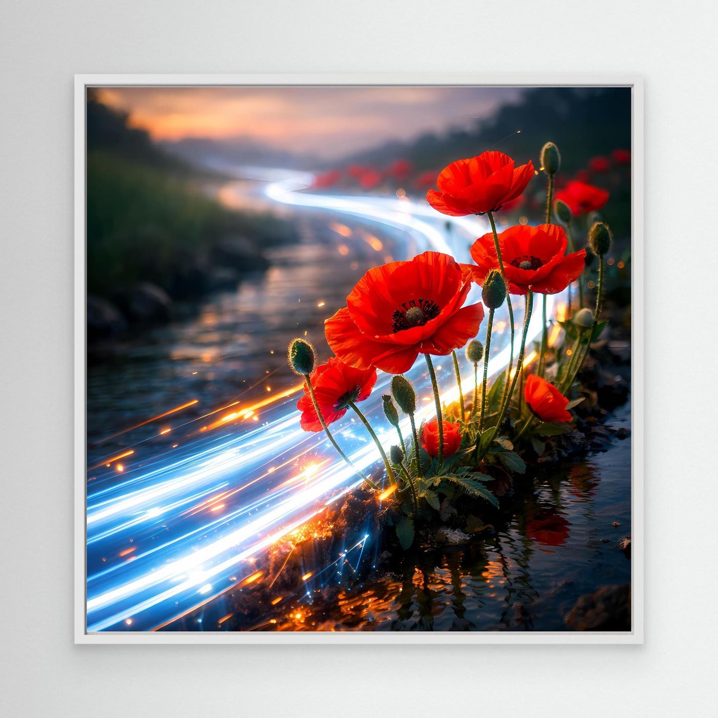Leinwandbild: rote Mohnblumen am Bachlauf mit blauen Lichtspuren im weißen Rahmen