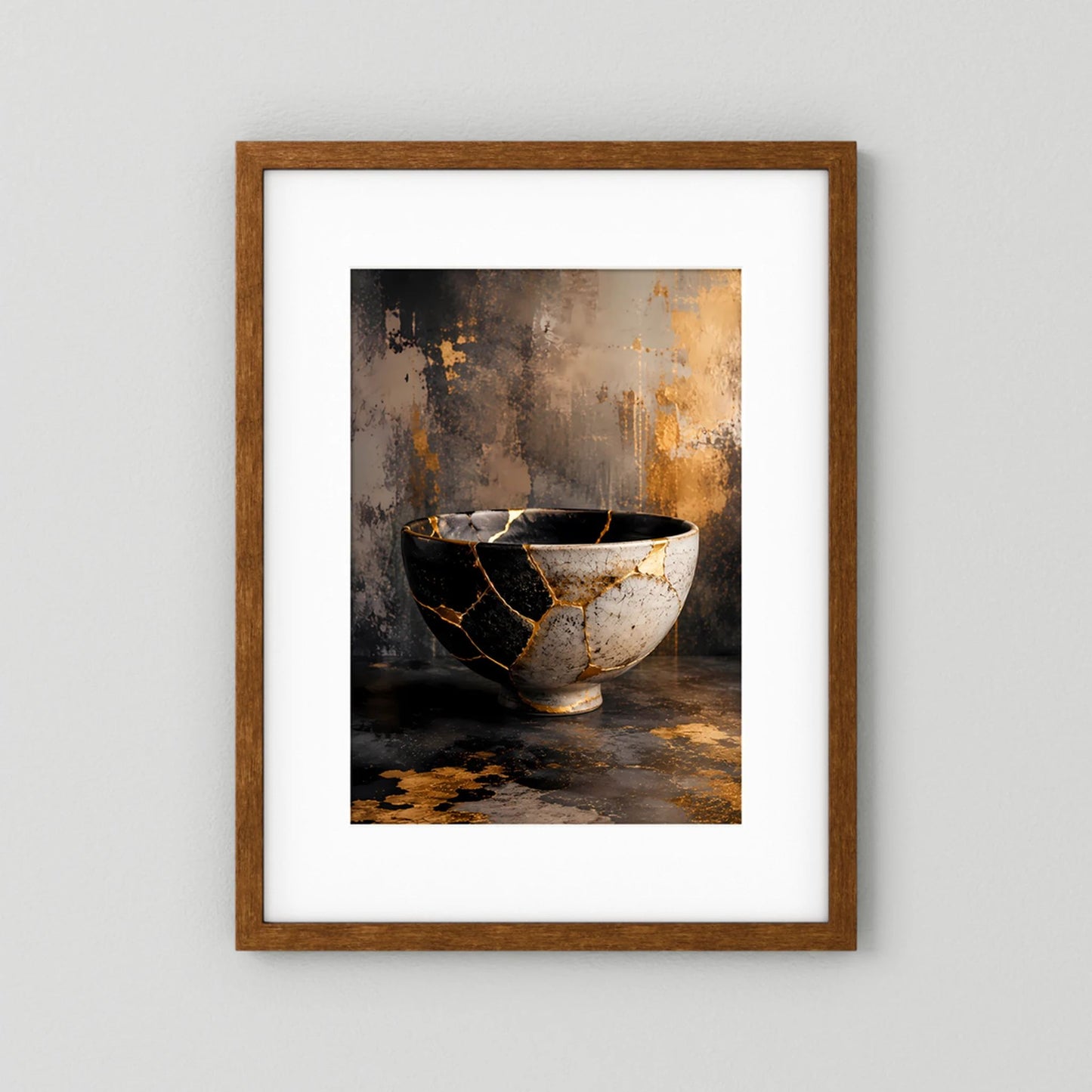 Hochformat-Poster mit Kintsugi-Schale: schwarze Keramik mit weißen Bruchstellen und Goldfugen.