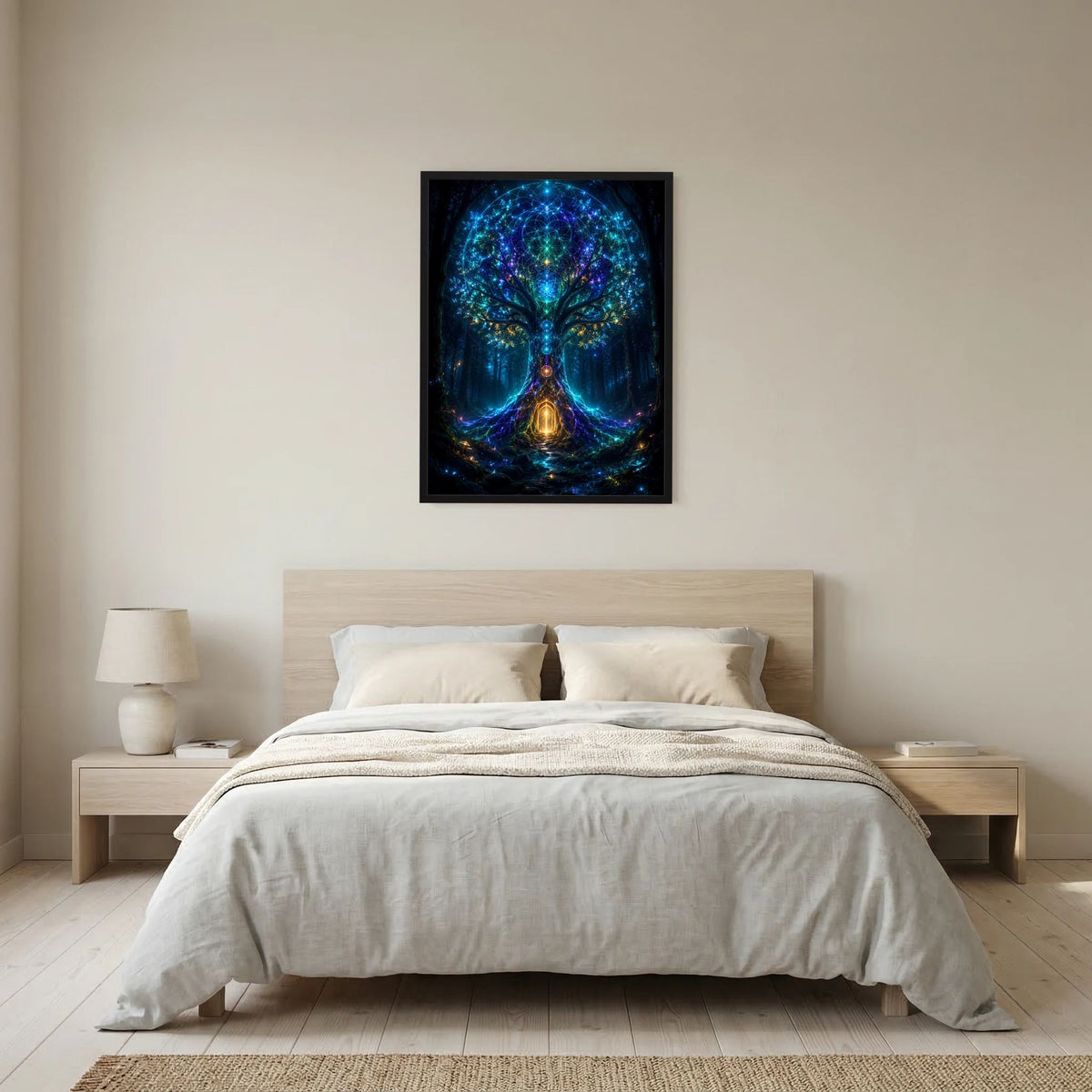 Hochformat-Poster mit schwarzem Rahmen und leuchtendem Baummotiv in Blaugrün