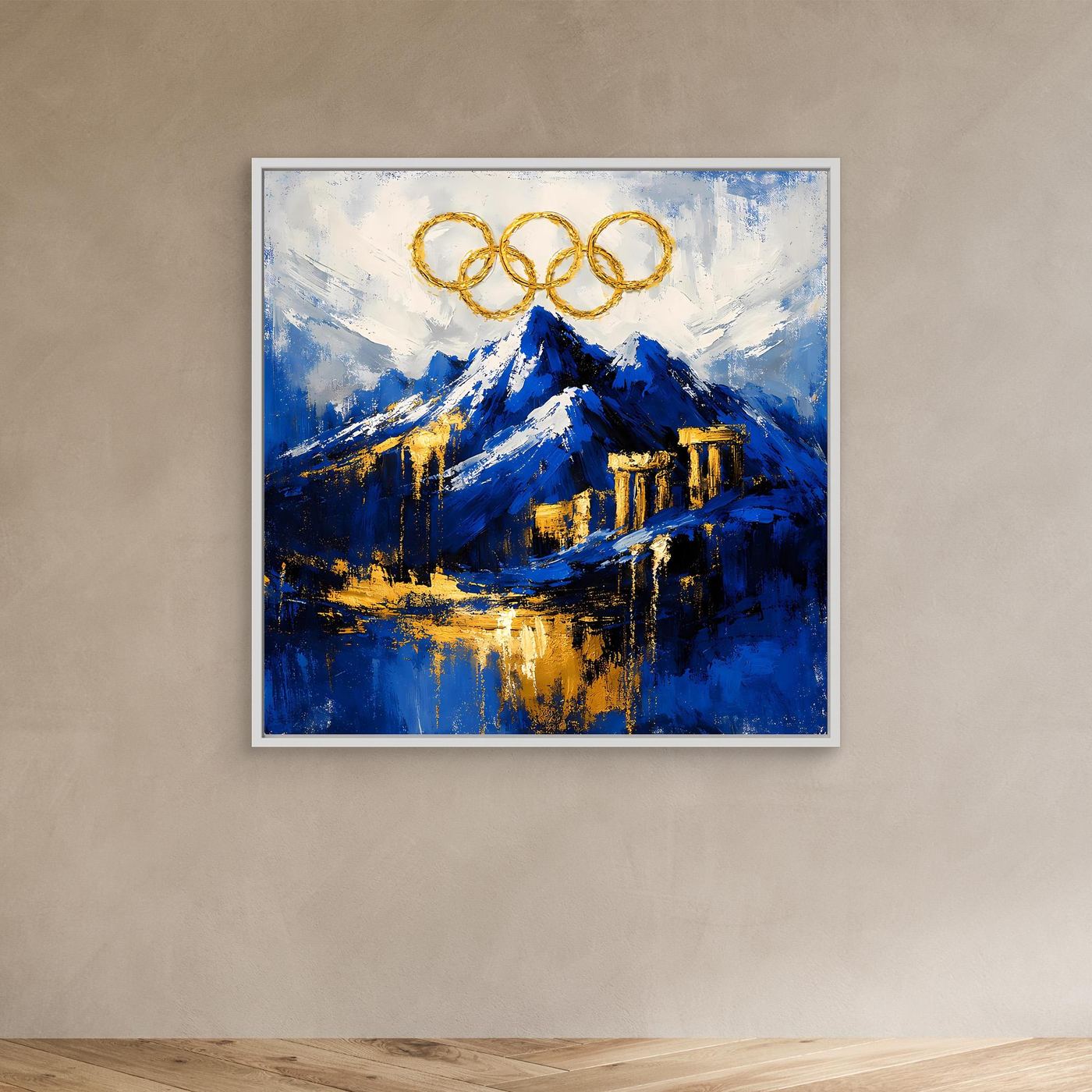 Leinwand Olympischer Geist am Mount Olympus | Abstraktes Berge Wandbild Gold Blau