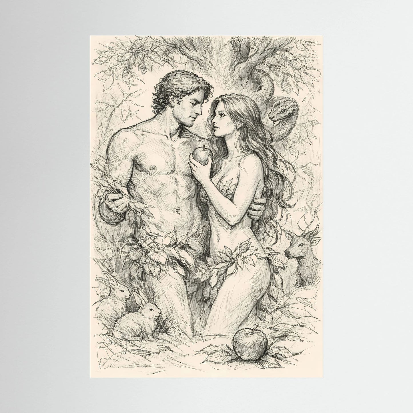 Ungefasstes Hochformat-Poster mit Bleistiftzeichnung von Adam und Eva, Schlange und Apfel