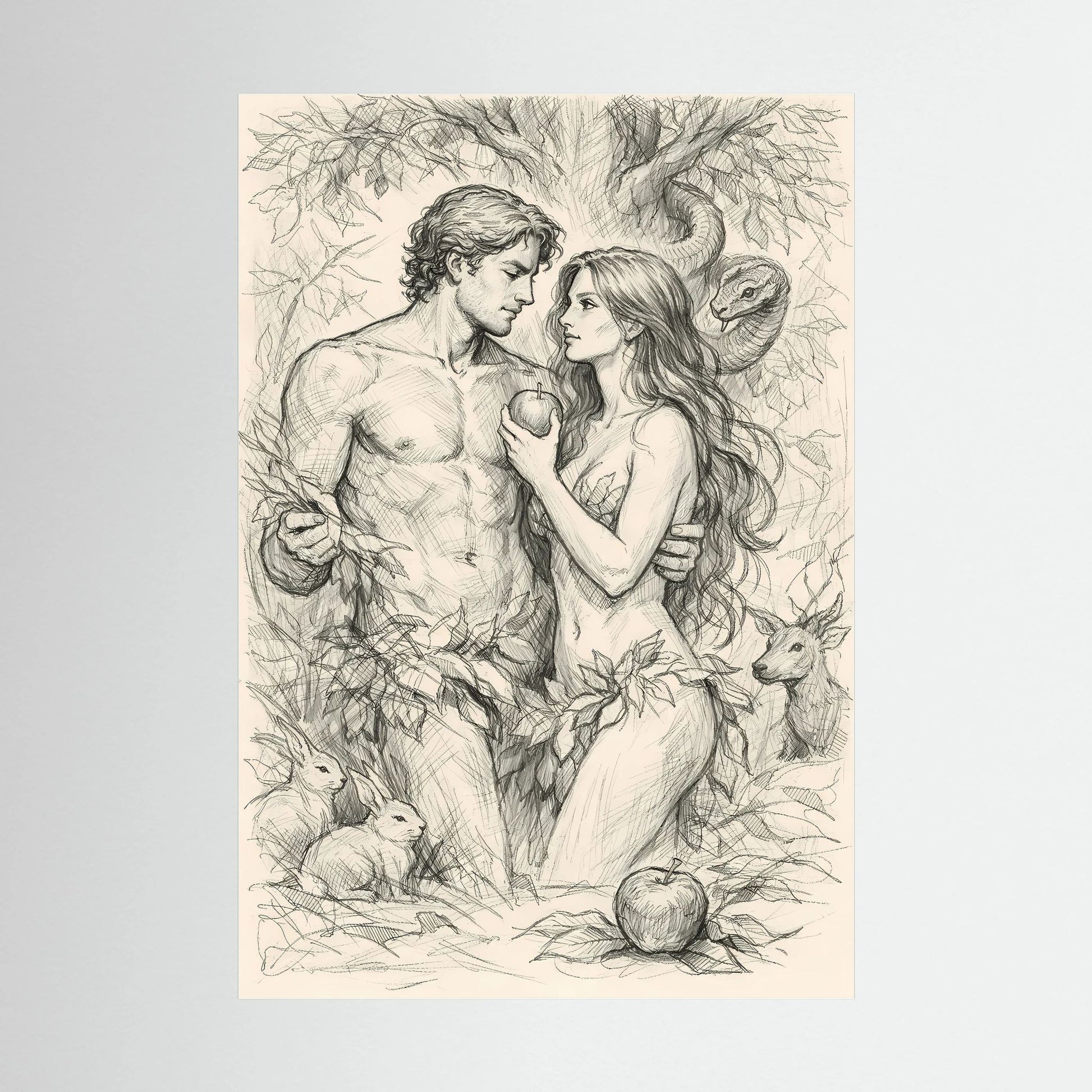 Ungefasstes Hochformat-Poster mit Bleistiftzeichnung von Adam und Eva, Schlange und Apfel