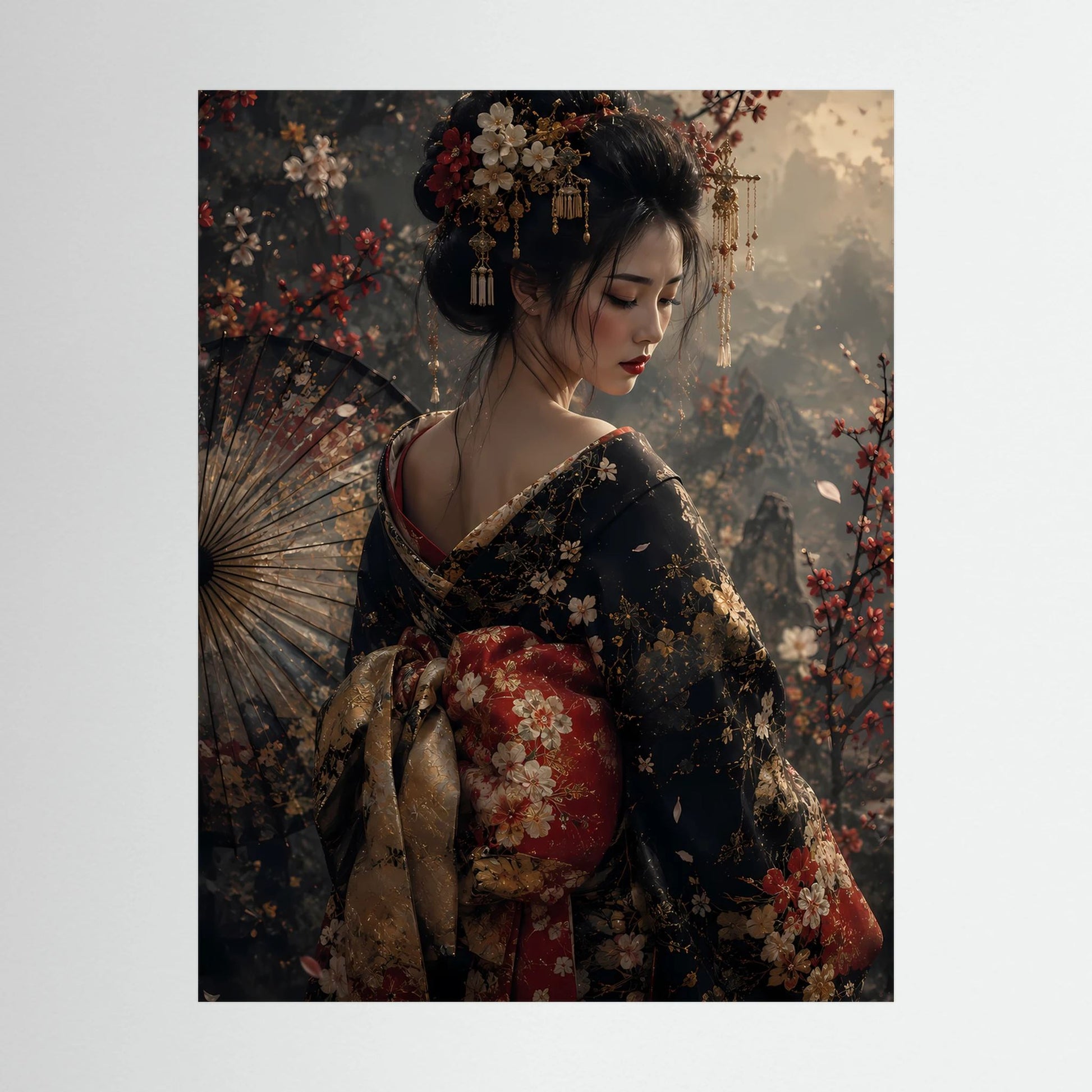 Poster der japanischen Geisha im floralen Kimono, ohne Rahmen, Nahaufnahme