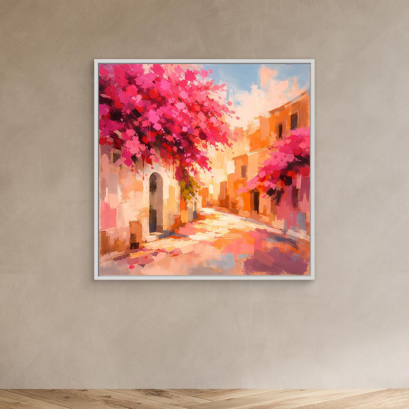 Leinwand Mediterrane Gasse im Blütenrausch | Abstraktes Italien Wandbild