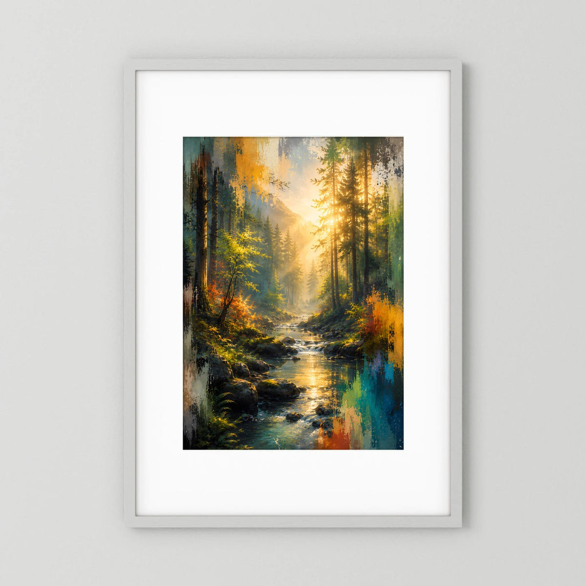 Kunstposter im Hochformat mit abstrakter Waldlandschaft und Bach im Sonnenlicht