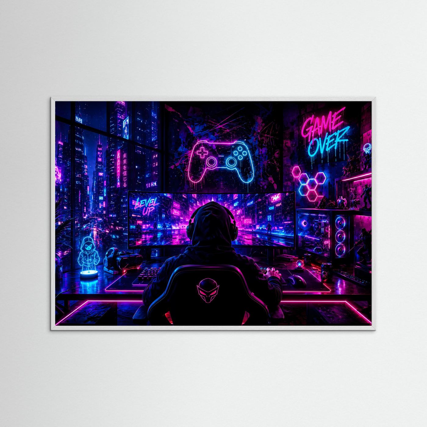 Gaming Setup Poster | Cyberpunk Gamer Zimmer mit Neon RGB Beleuchtung | Futuristische Gaming Wandkunst