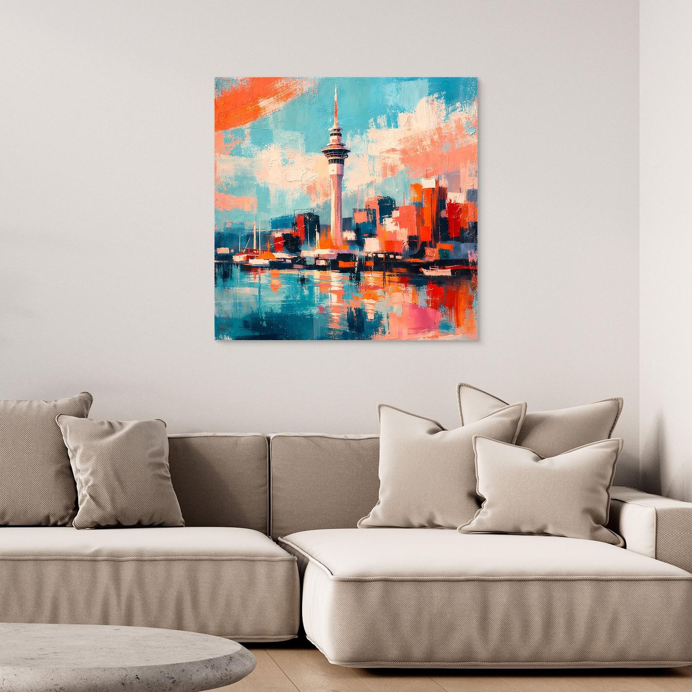 Wandbild mit abstrakter Stadtansicht und Sky Tower, türkis-orange, rechteckig
