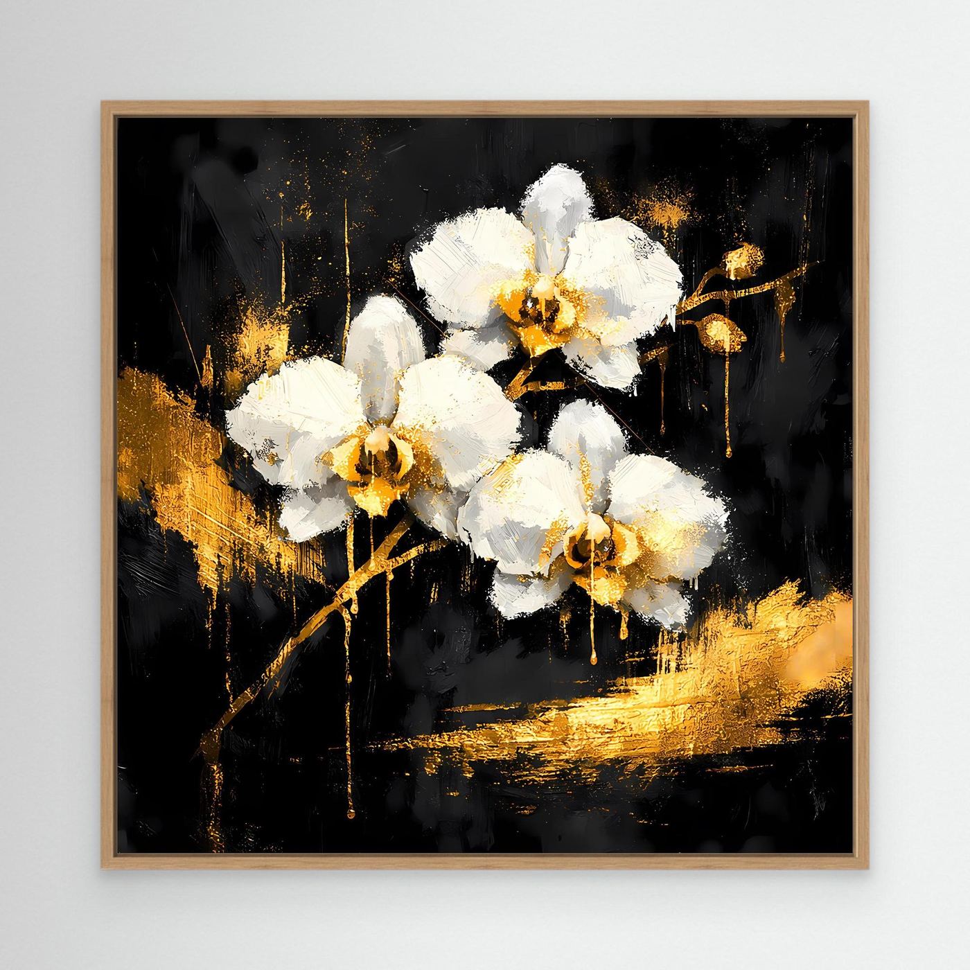 Leinwand Elegante Orchideen in Gold und Schwarz | Modernes Florales Luxus Wandbild