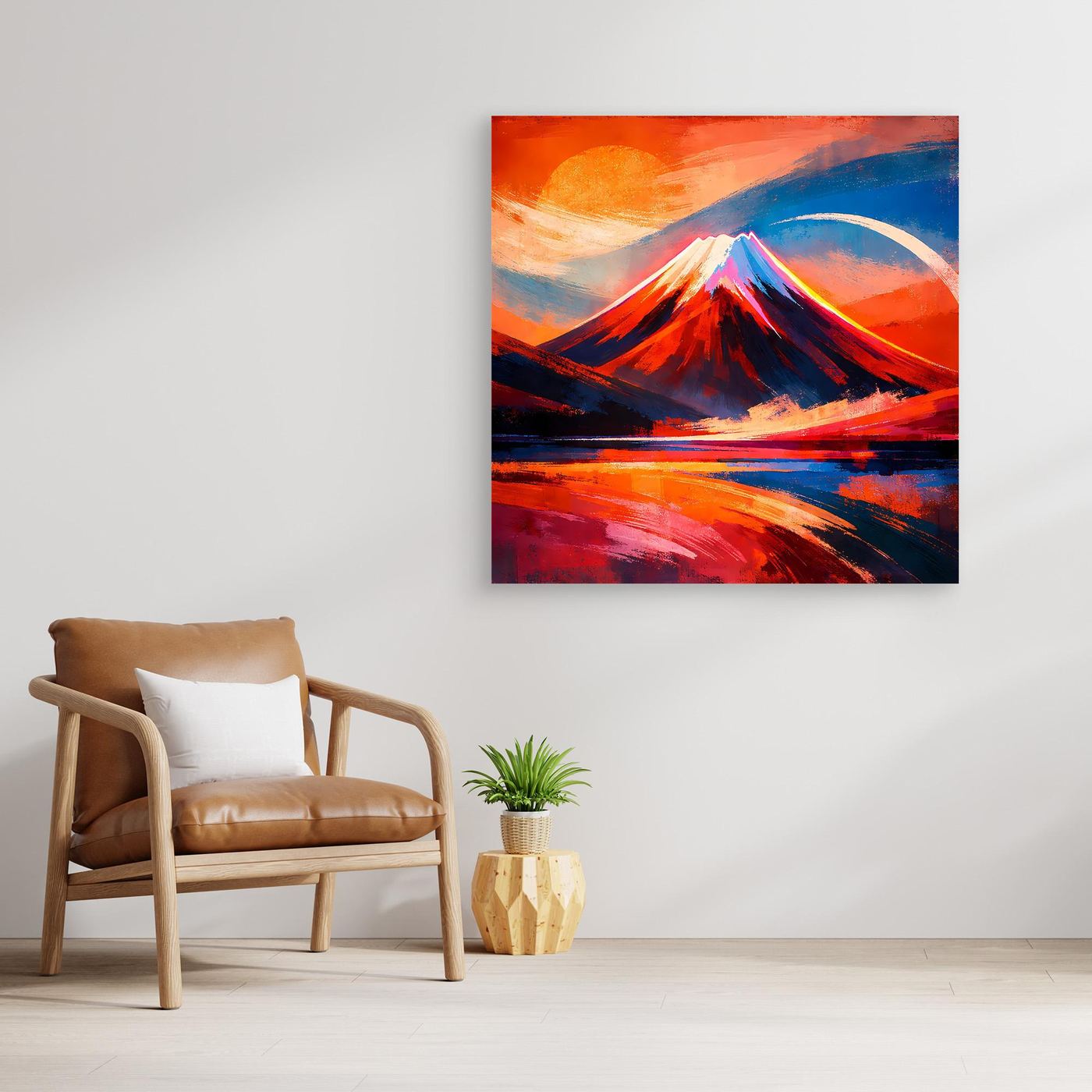 Wandbild aus Leinwand mit abstraktem Mount-Fuji-ähnlichem Berg im Sonnenuntergang