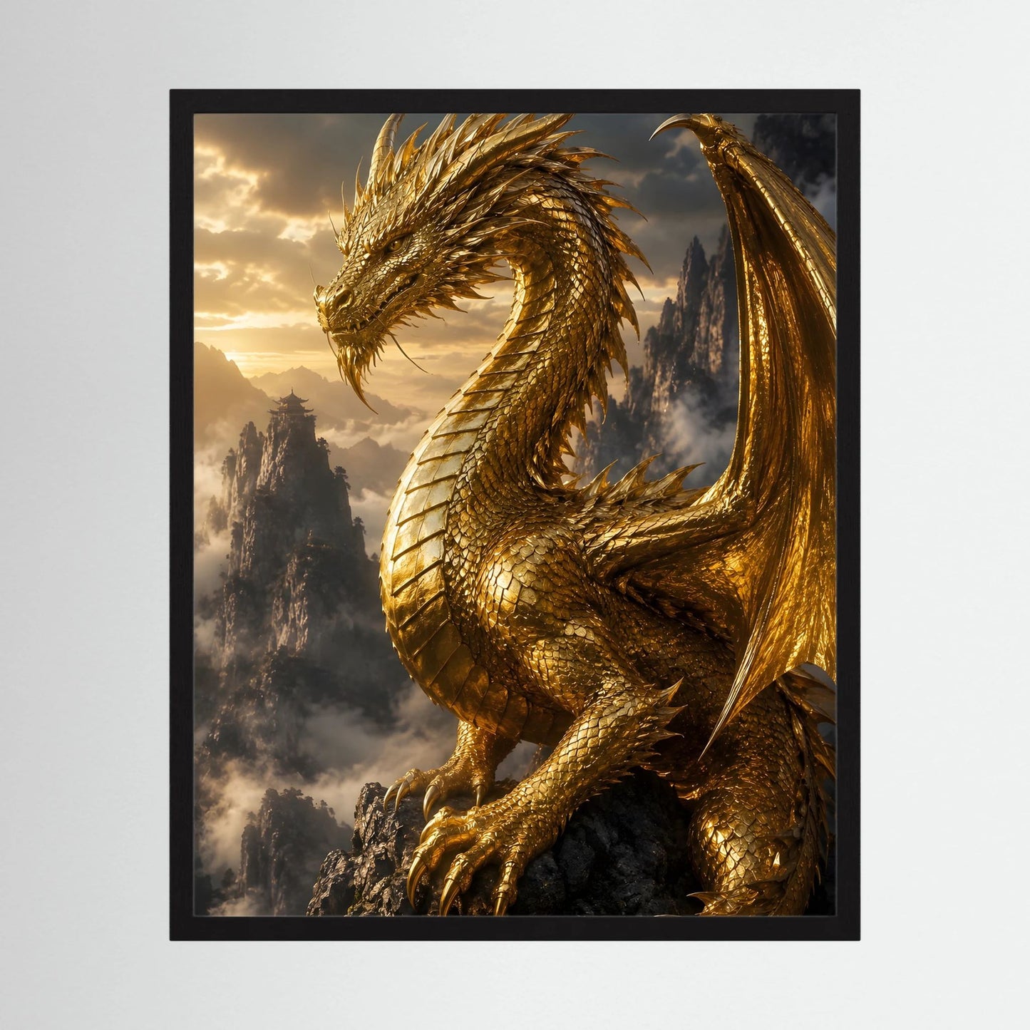 Hochformatiges Kunstposter mit goldenem Fantasy-Drache, im schwarzen Rahmen