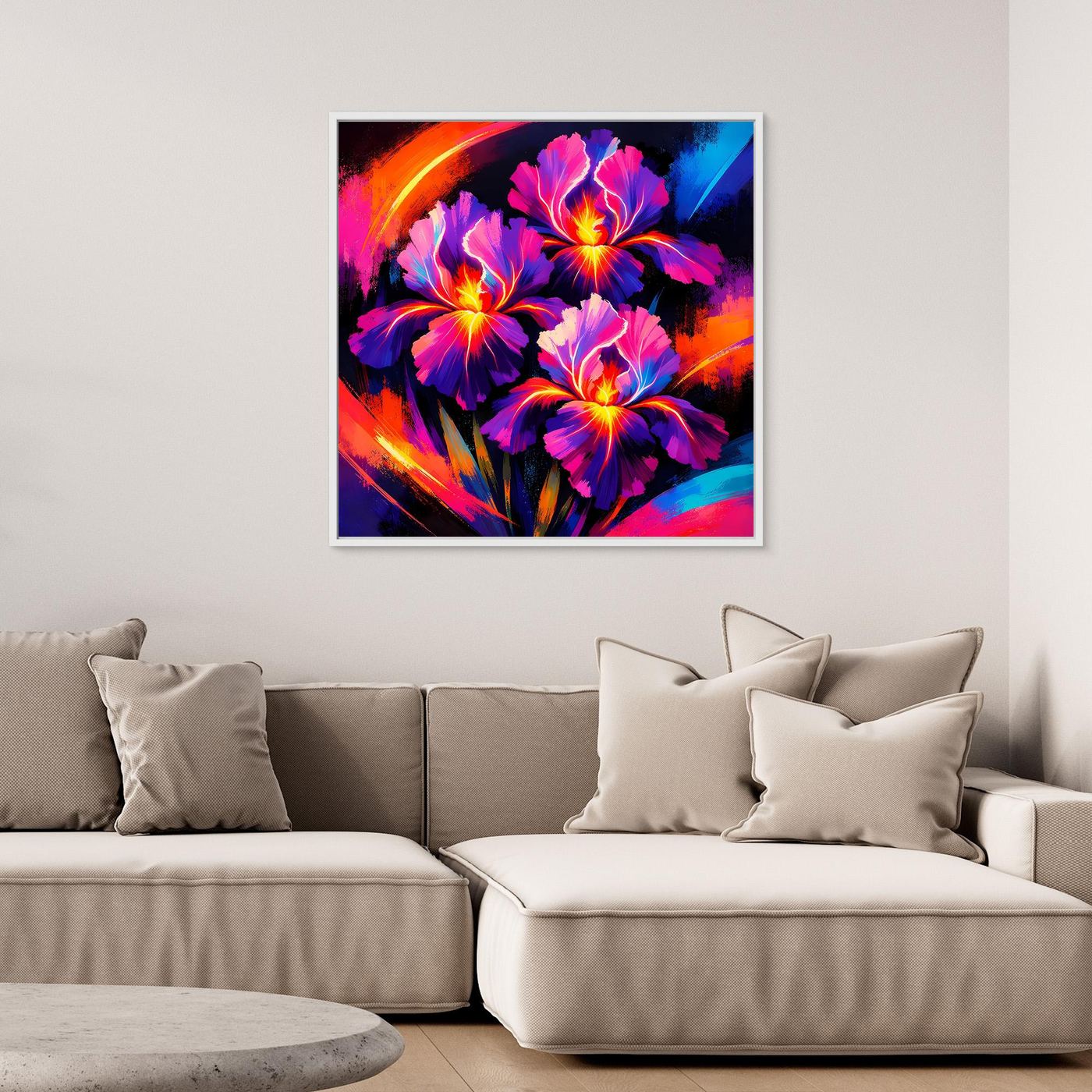 Leinwandbild mit abstrakten Irisblüten in kräftigen Neonfarben und Farbverlauf