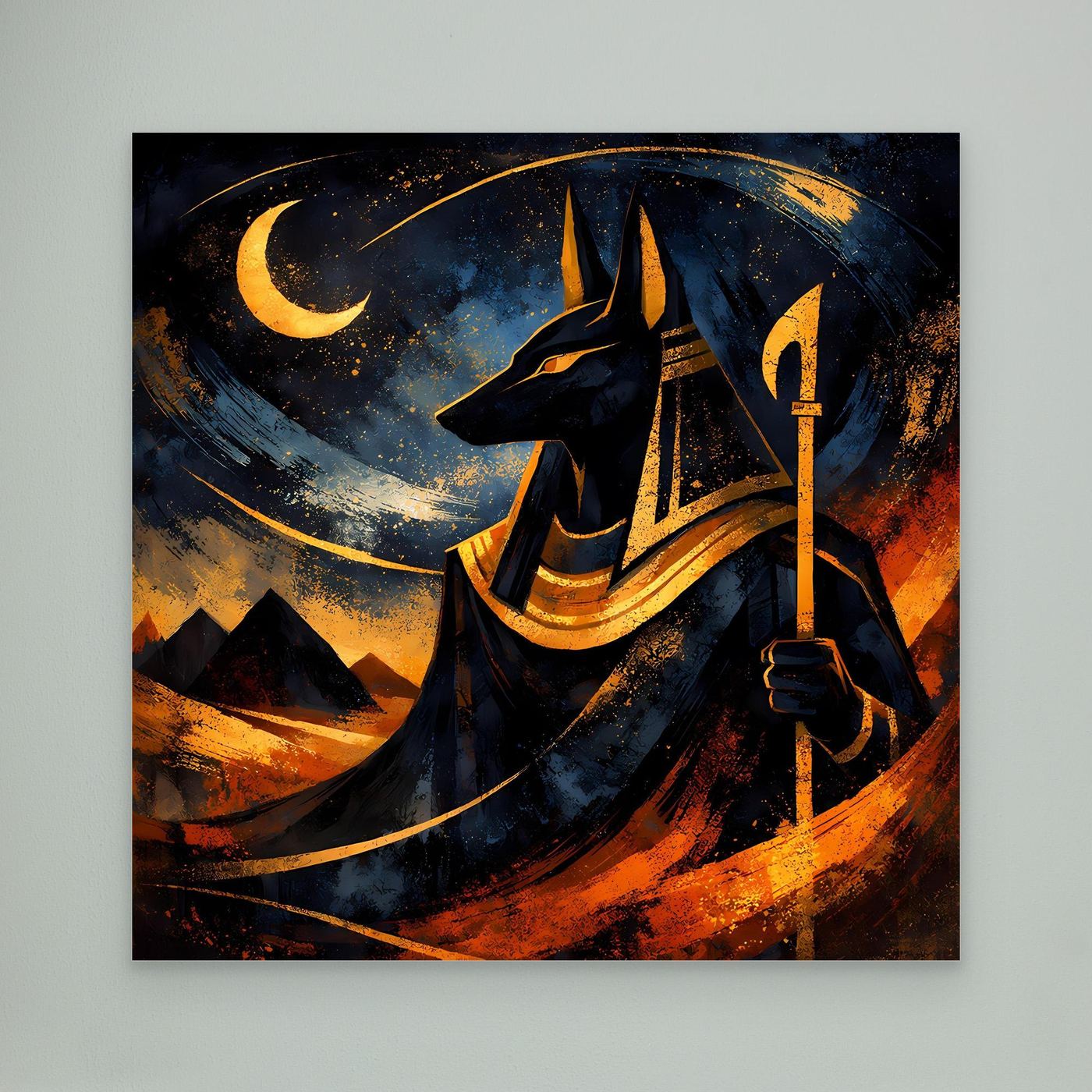 Leinwandbild mit Anubis, Mondsichel und Fackel im abstrakten Nachtmotiv