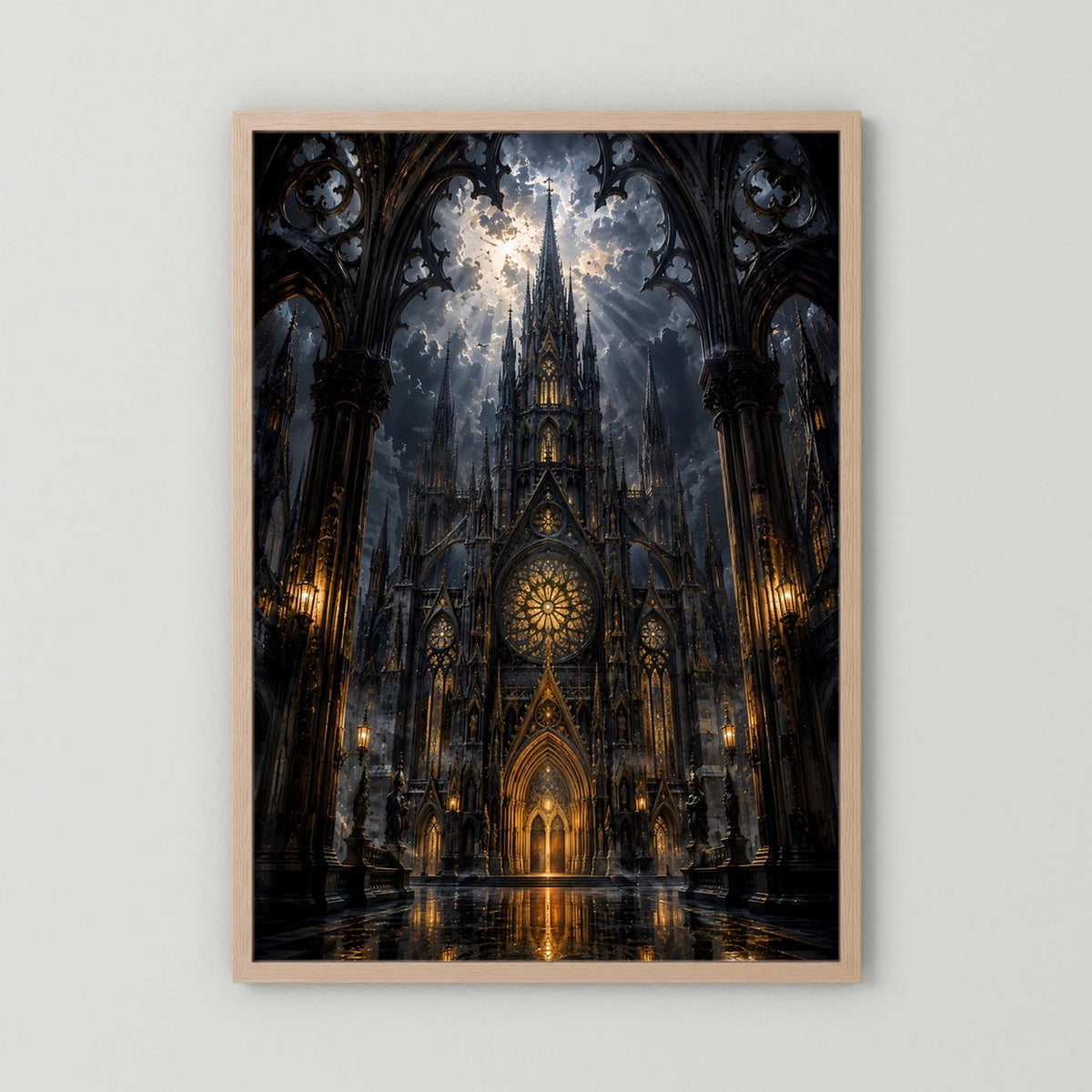 Hochformat-Poster gotische Kathedrale in Schwarz und Gold, Rahmen aus hellem Holz