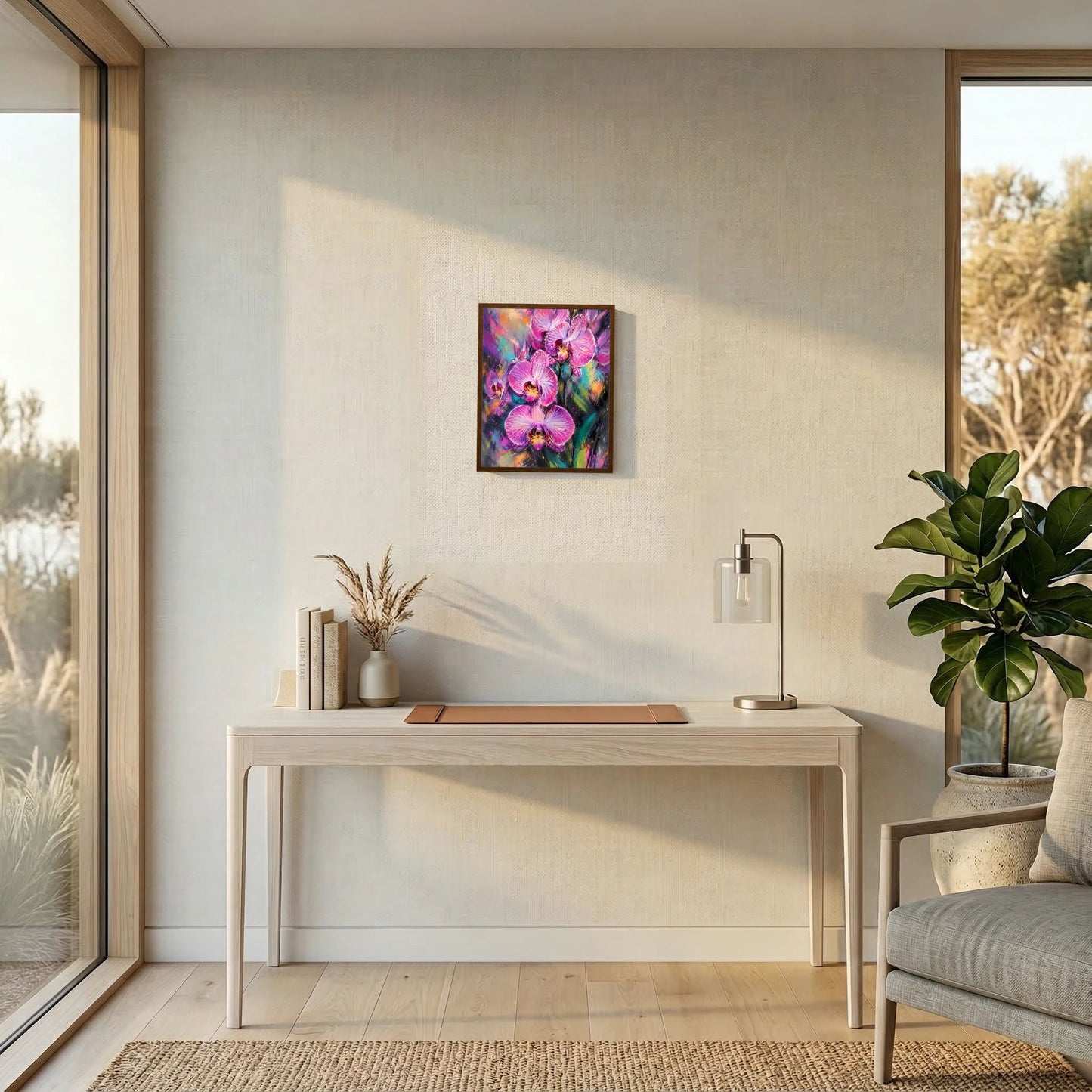 Kunstposter mit abstrakten Orchideen in Pink und Violett im schwarzen Rahmen