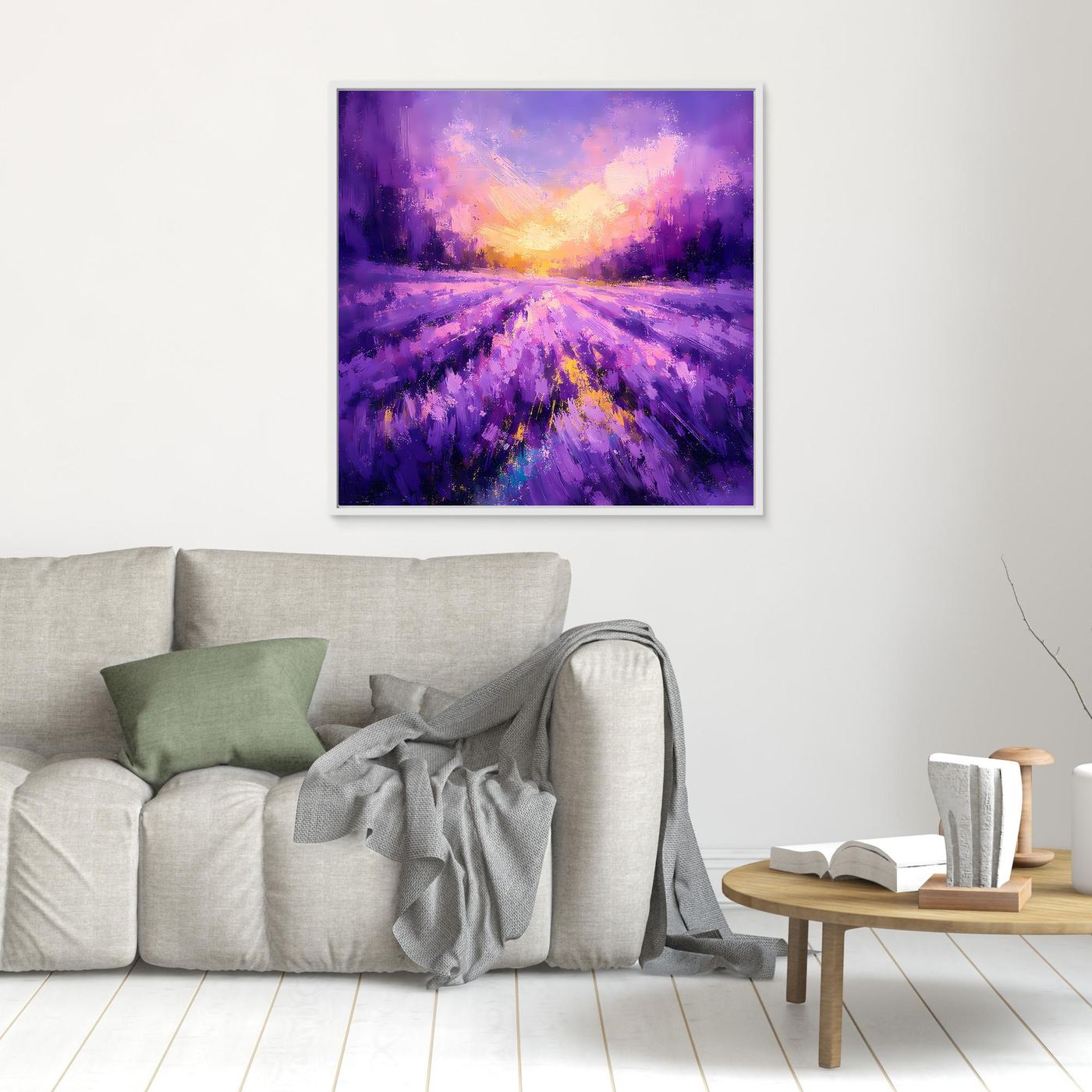 Lavendel-Wandbild auf Leinwand mit hellem Rahmen, abstraktes Feld in Violett und goldene Sonne