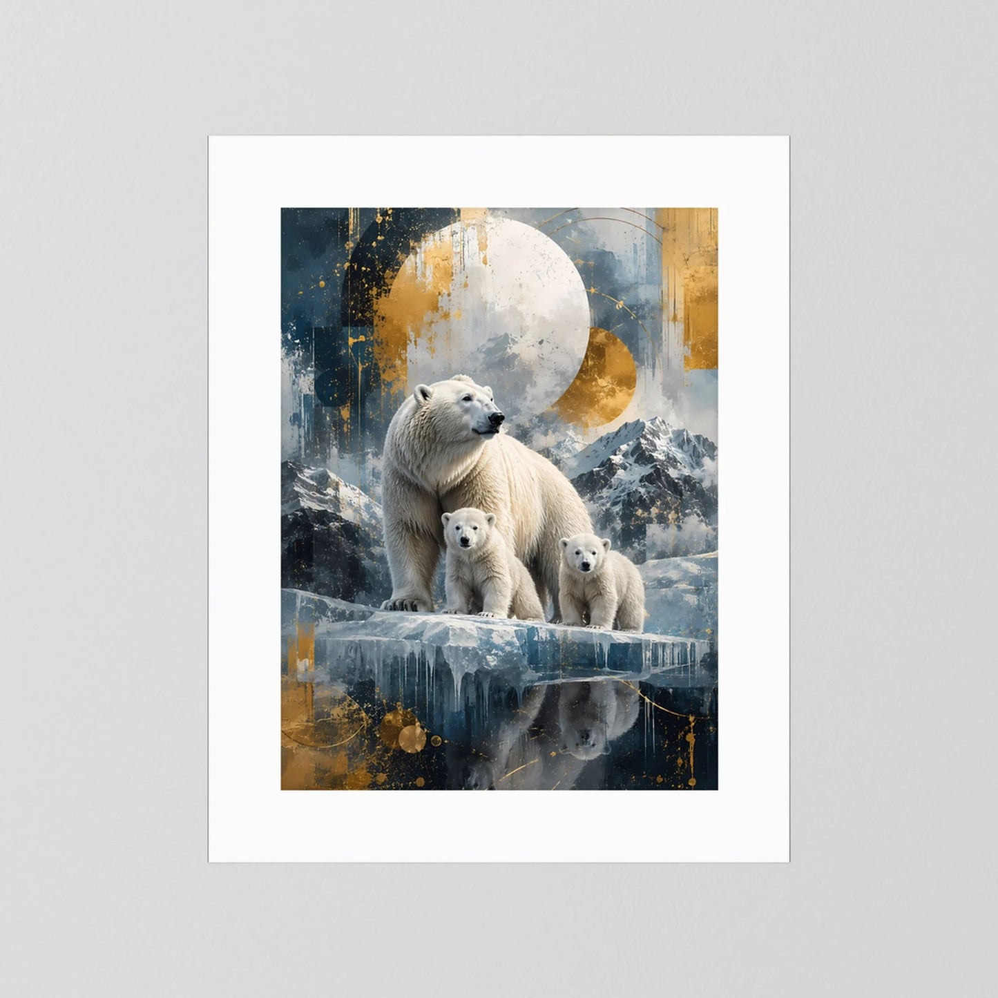 Poster mit weißem Rand, Eisbärenfamilie vor Mond über blauem Eis