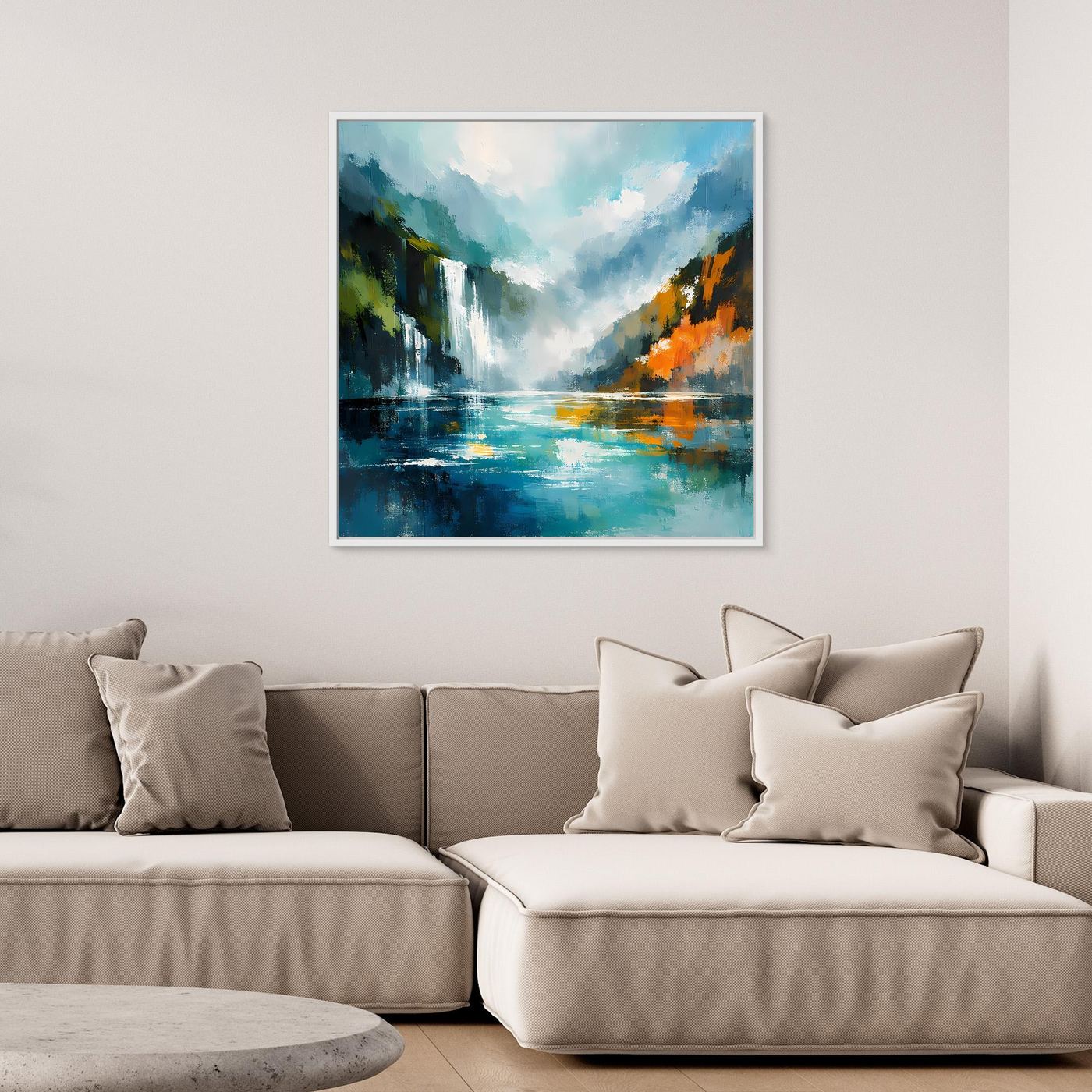 Abstraktes Leinwand-Wandbild Wasserfall im Fjord mit weißem Rahmen, blau-grün