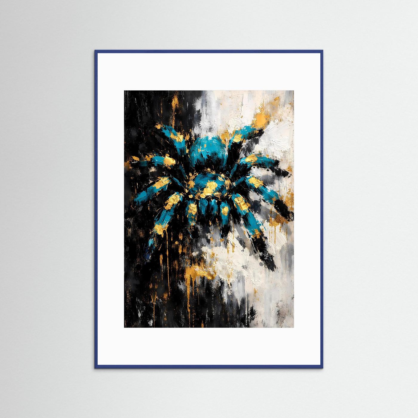 Abstraktes Kunstposter: türkis-blaue Spritzer, goldene Akzente im Radialmuster, blauer Holzrahmen