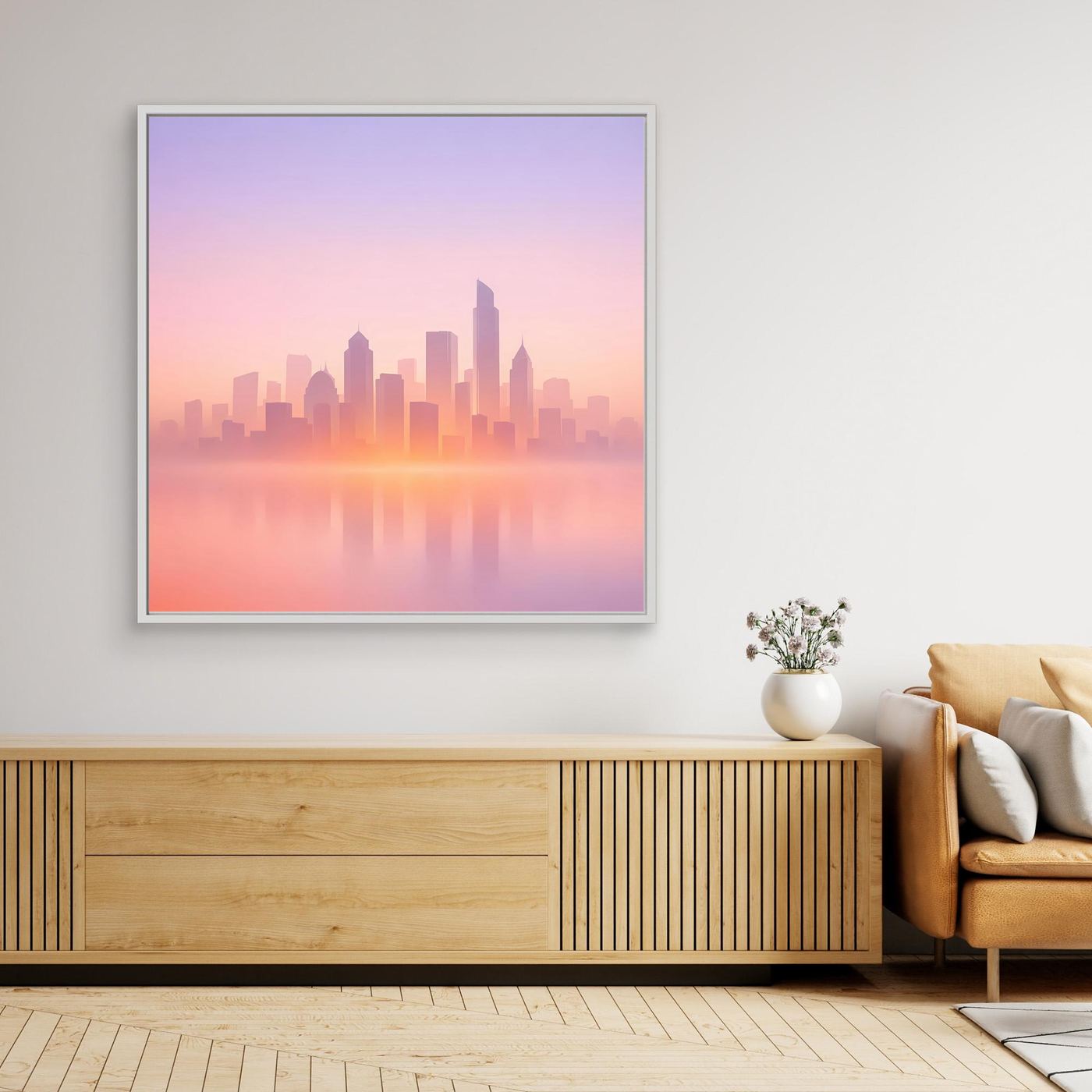 Leinwandbild mit Rahmen: minimalistische Skyline im Pastelldunst, rosa-blauer Himmel
