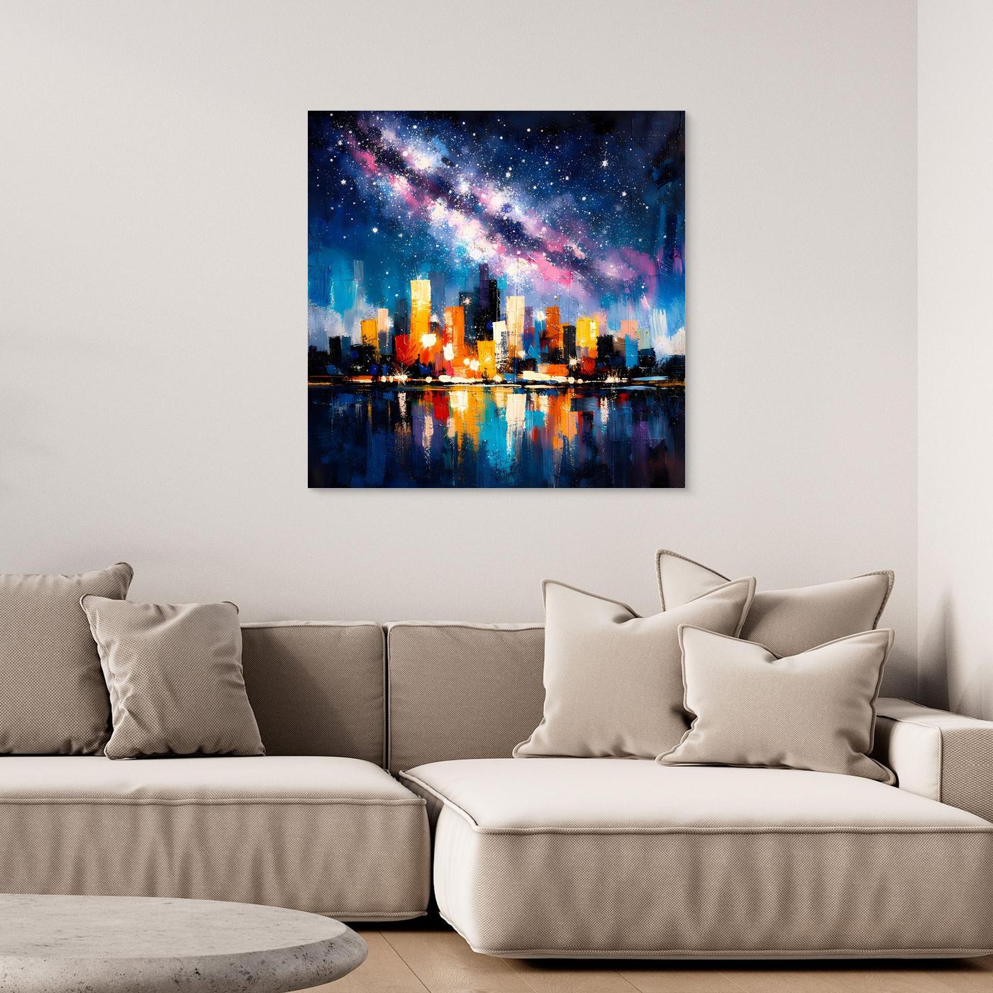 Galaxy city skyline canvas wall art with Milky Way stars and glowing reflections at night